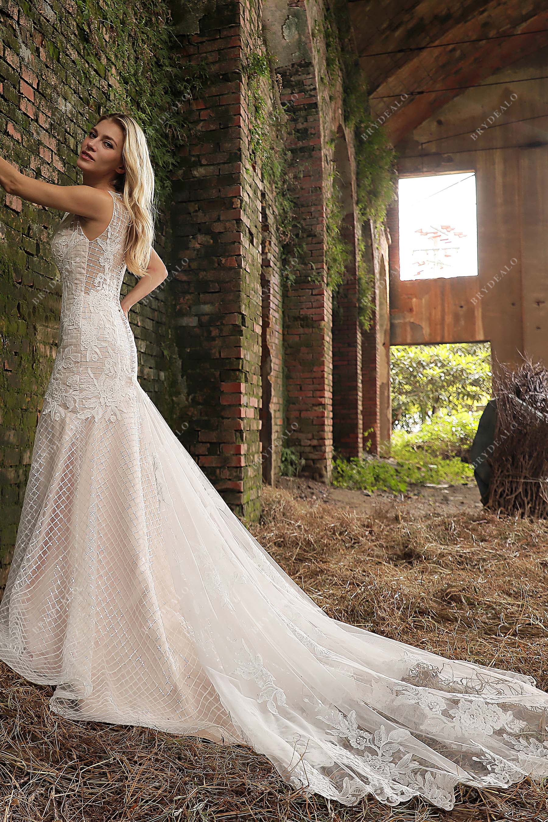 Lace Long Train Mermaid Shimmery Sequined Wedding Gown