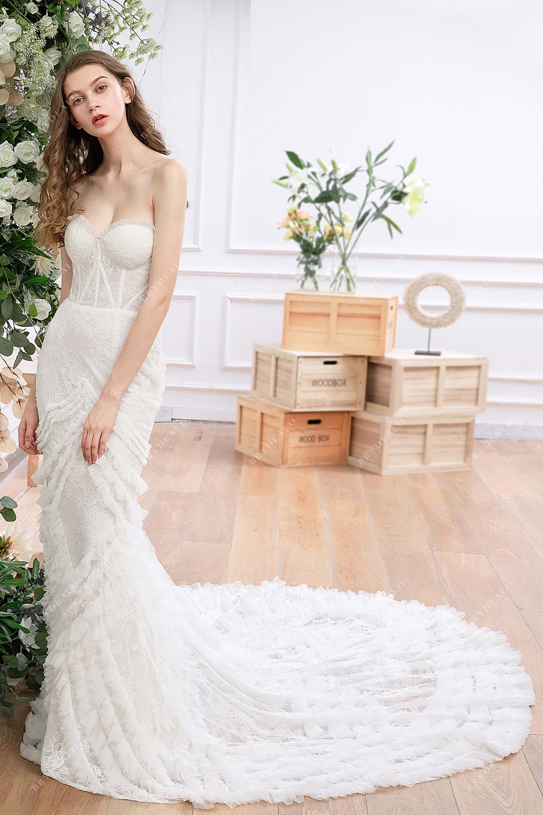 Lace Ruffled Tulle Corset Mermaid Wedding Dress