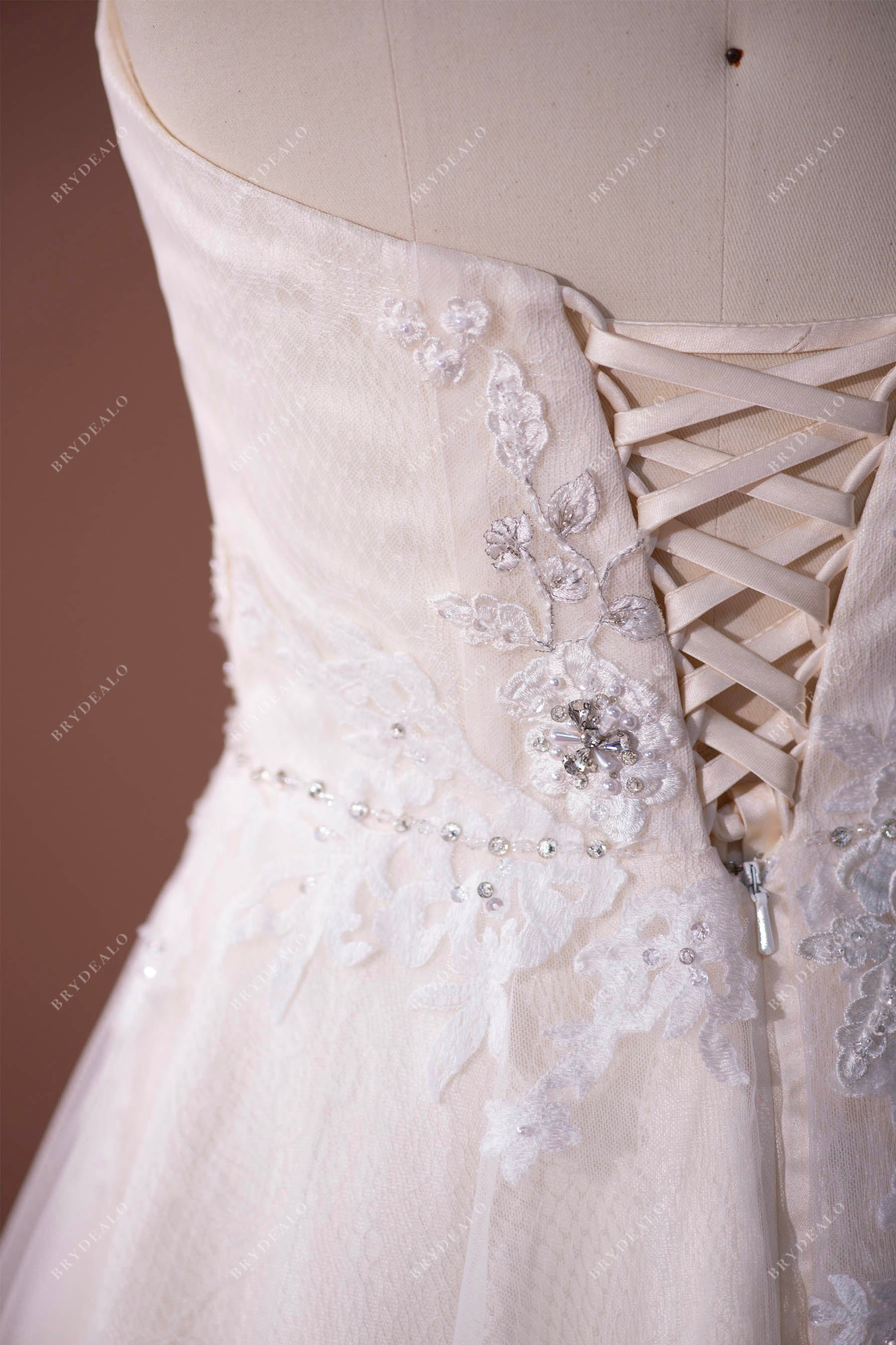 Beaded One Shoulder Lace Tulle Long A-line Wedding Dress