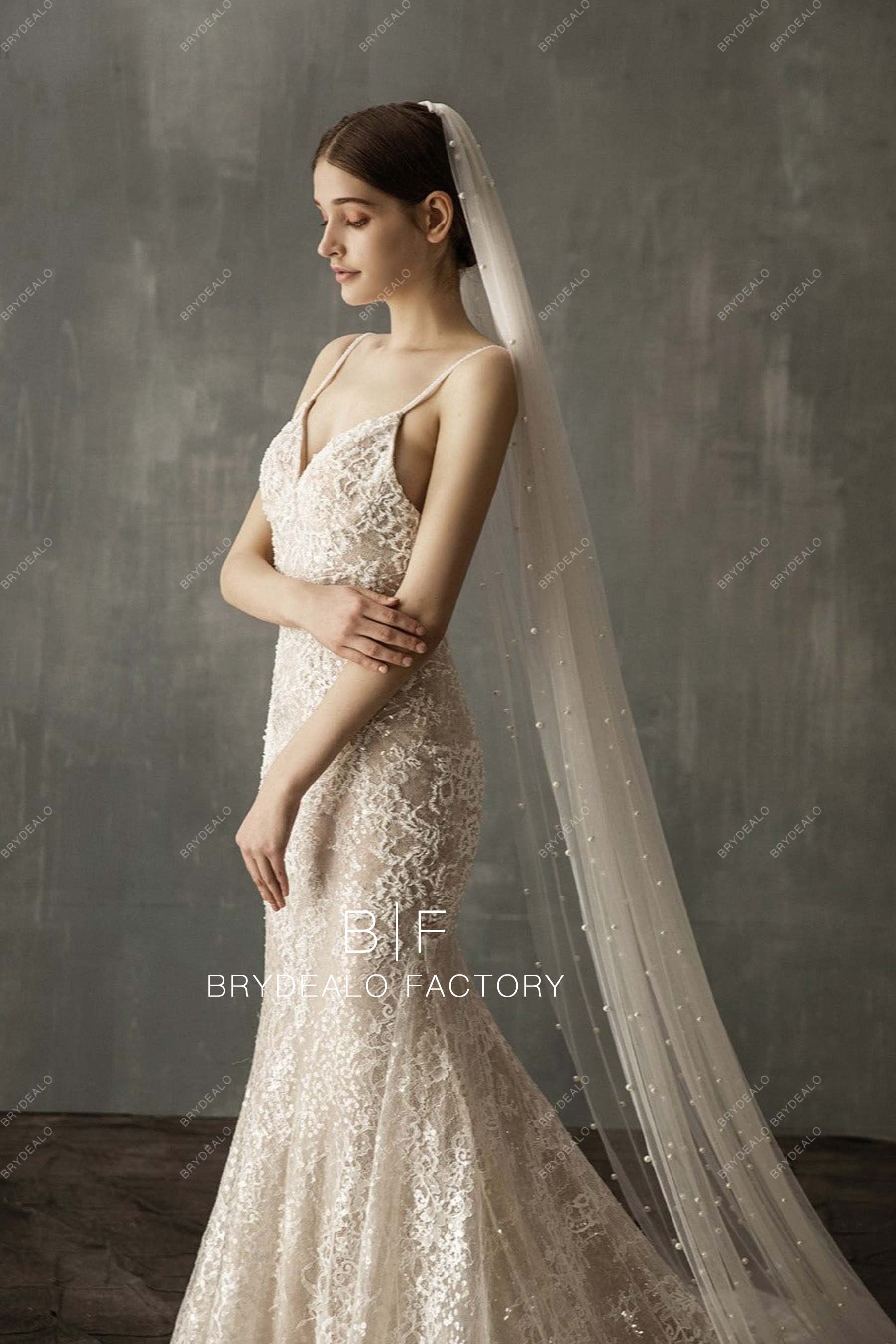 long bridal veil with scattered pearls