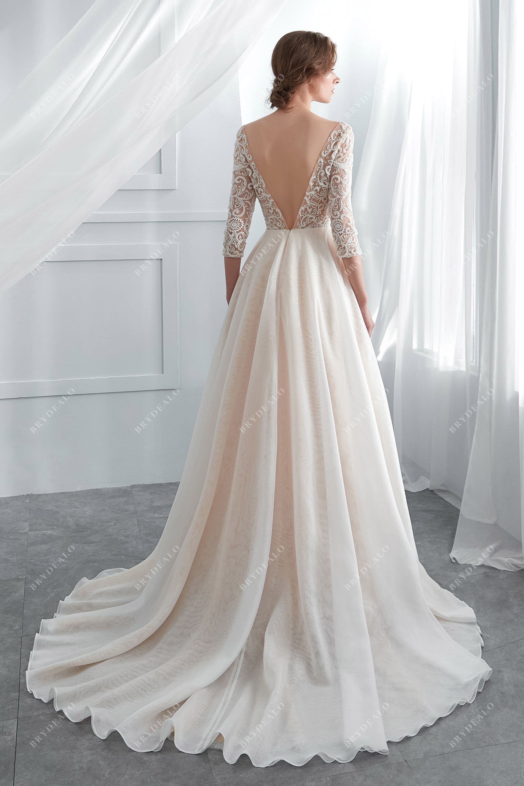 Champagne Illusion 3/4 Sleeve Lace Wedding Dress Online
