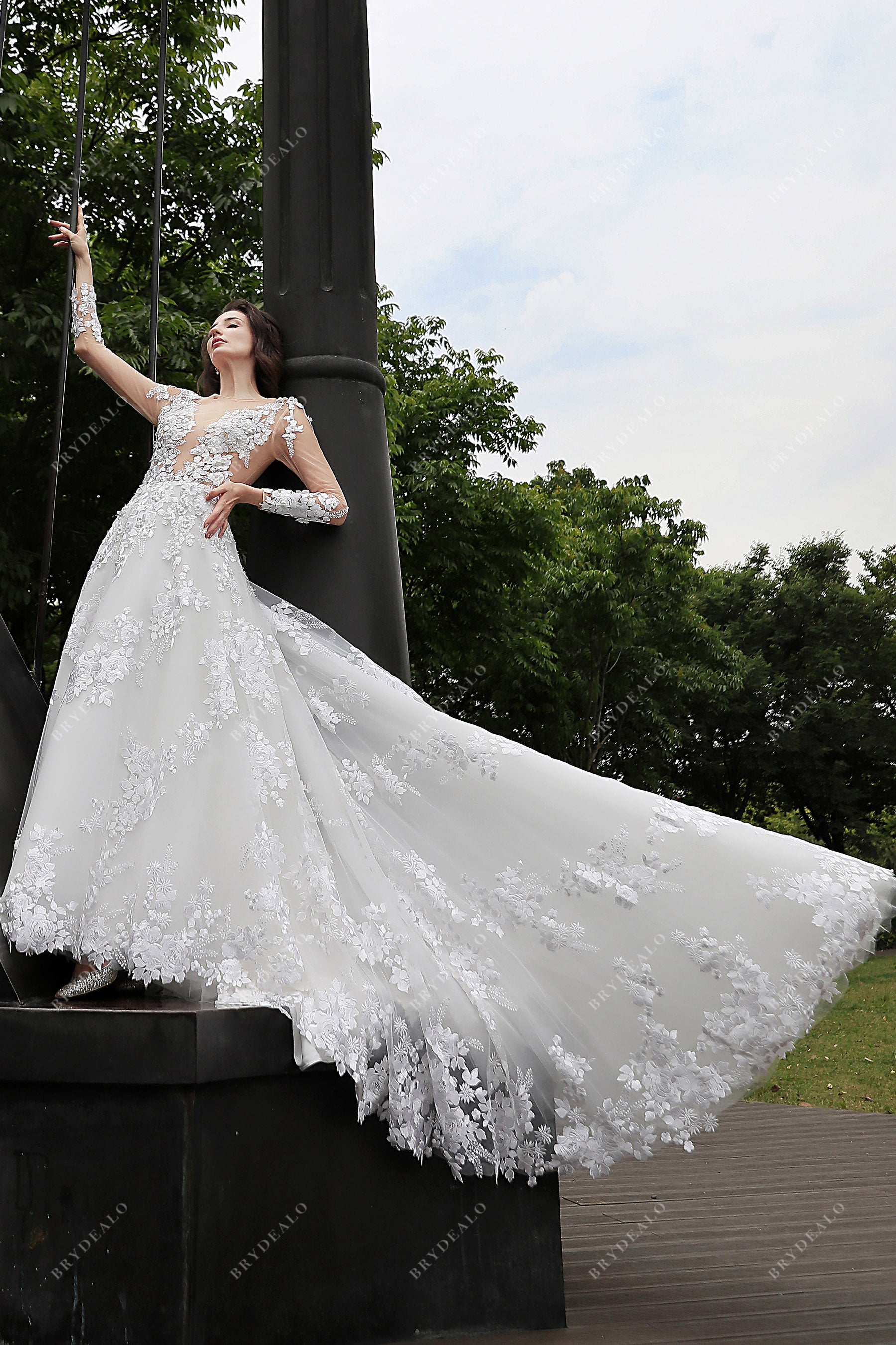 Long Train Illusion Sleeve Flower Wedding Dress