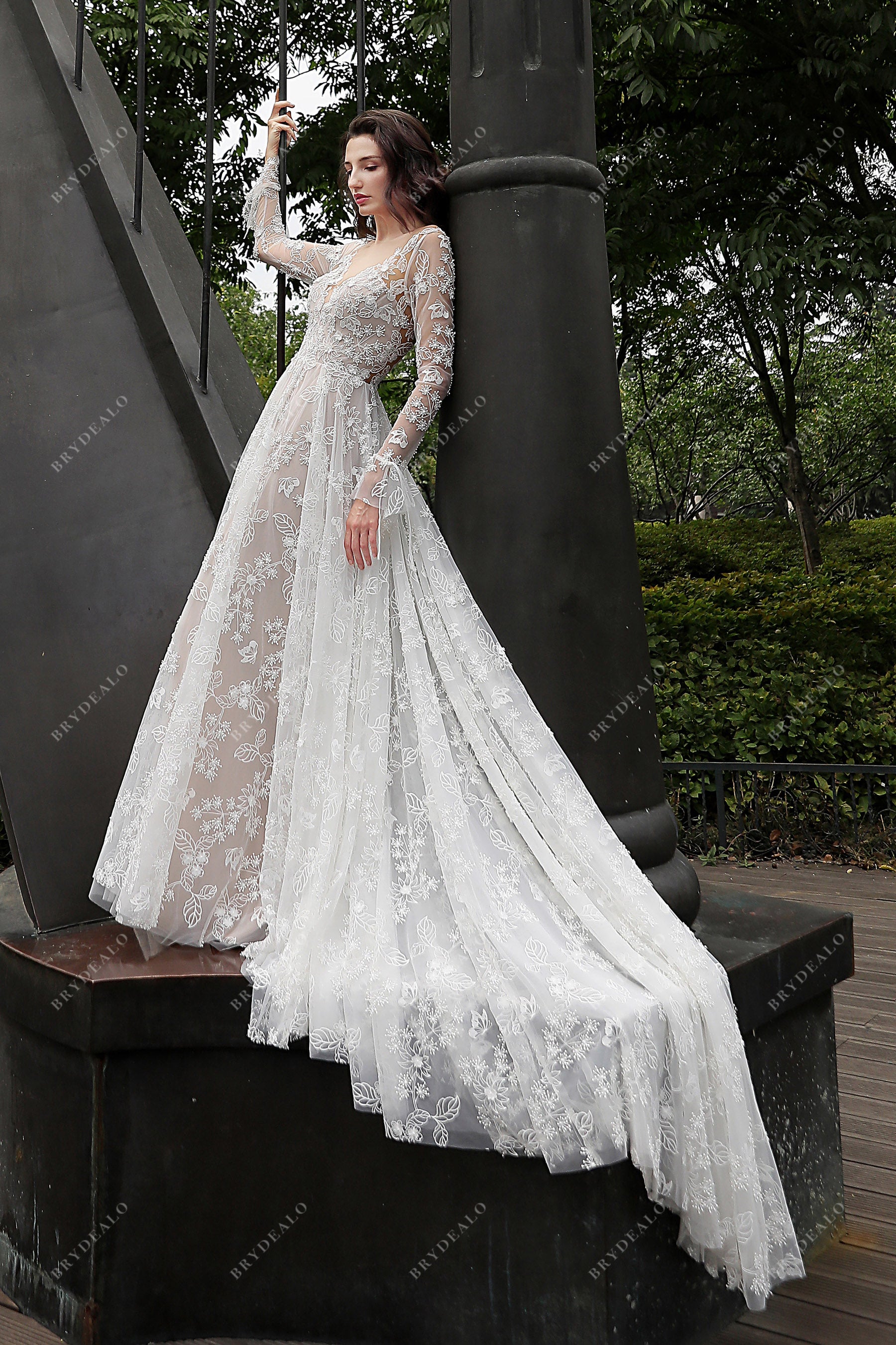 long sleeve flower wedding dress