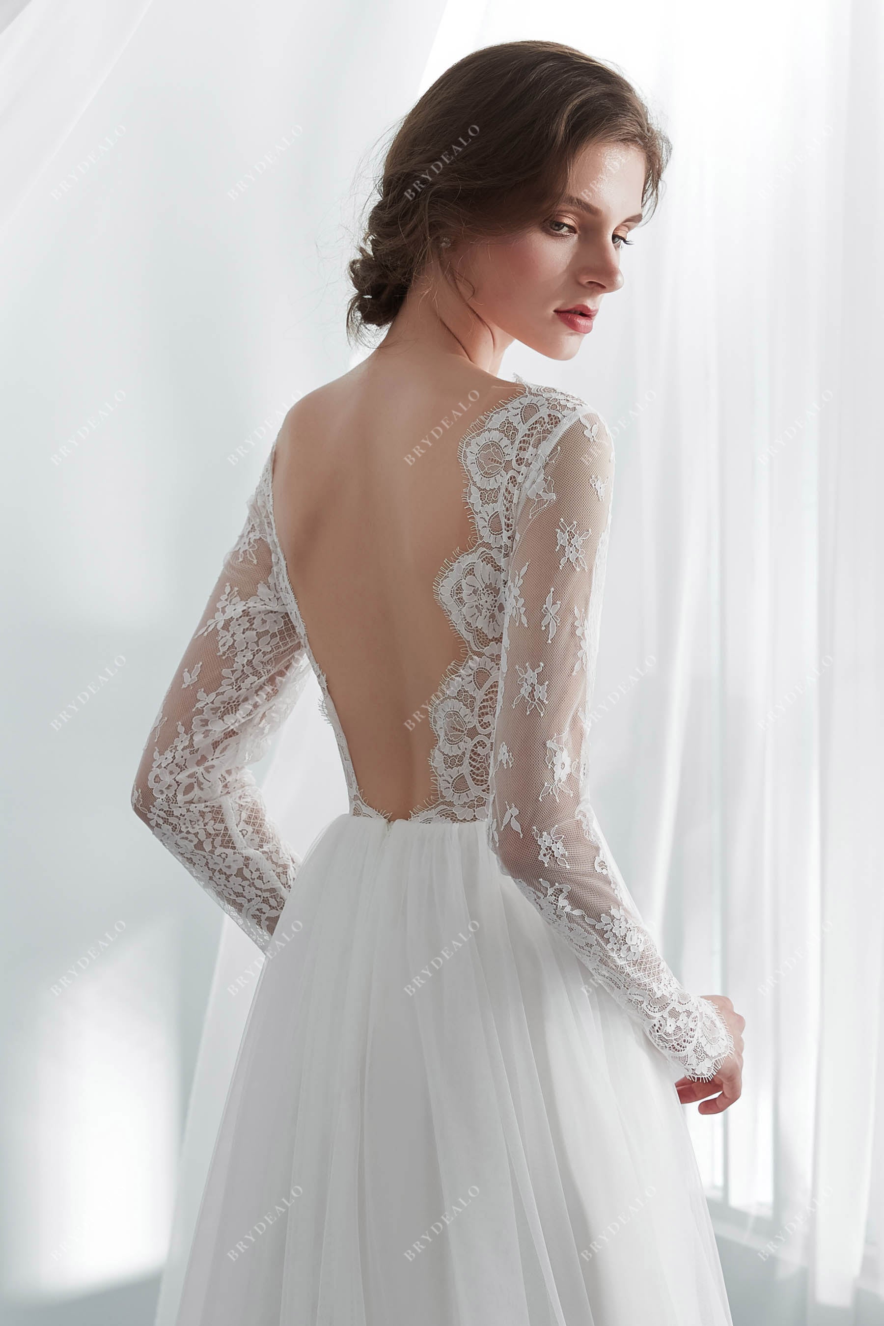 Wholesale Illusion Long Sleeve Scallop Neck Wedding Dress