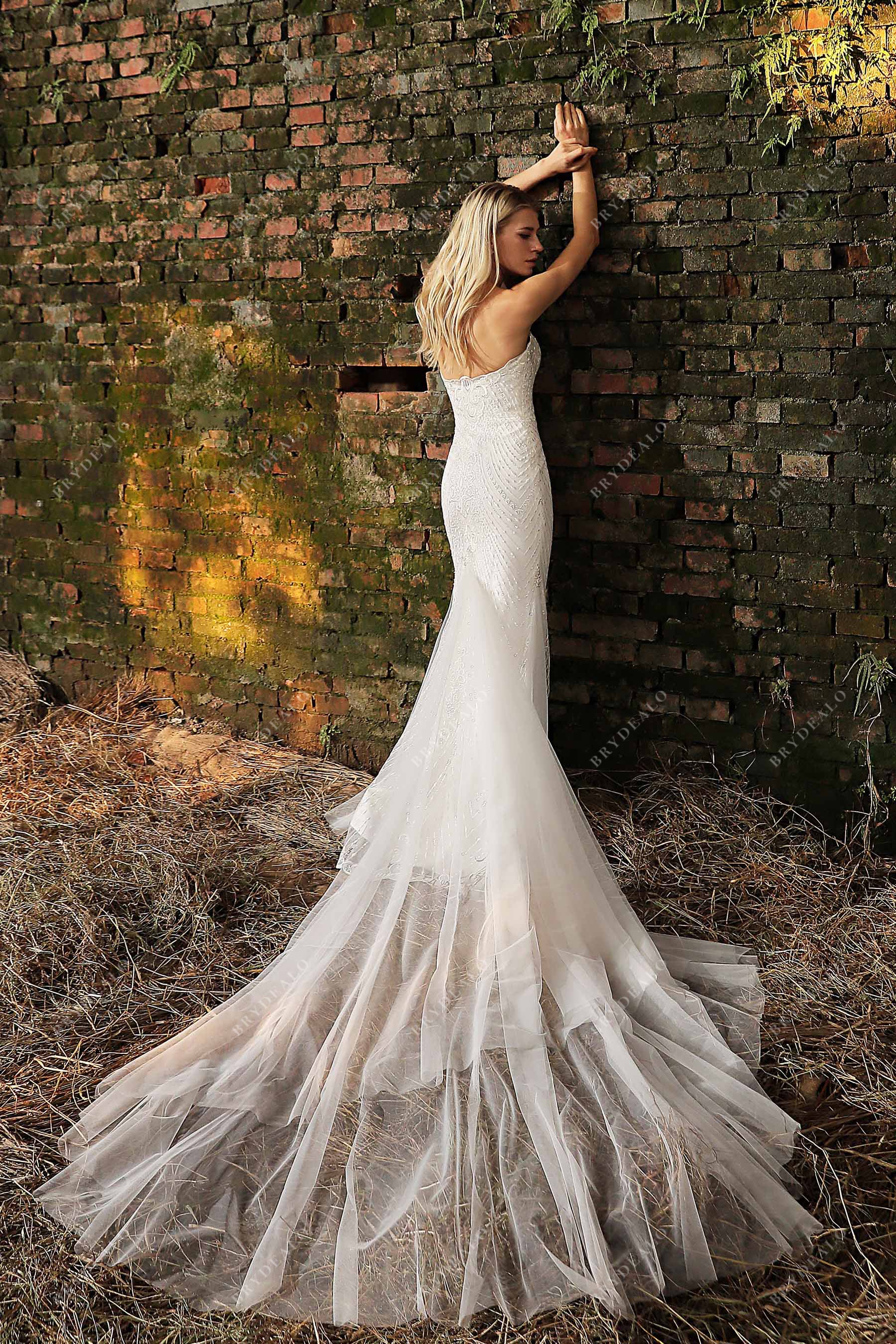 Long Train Mermaid Open Back Strapless Wedding Dress