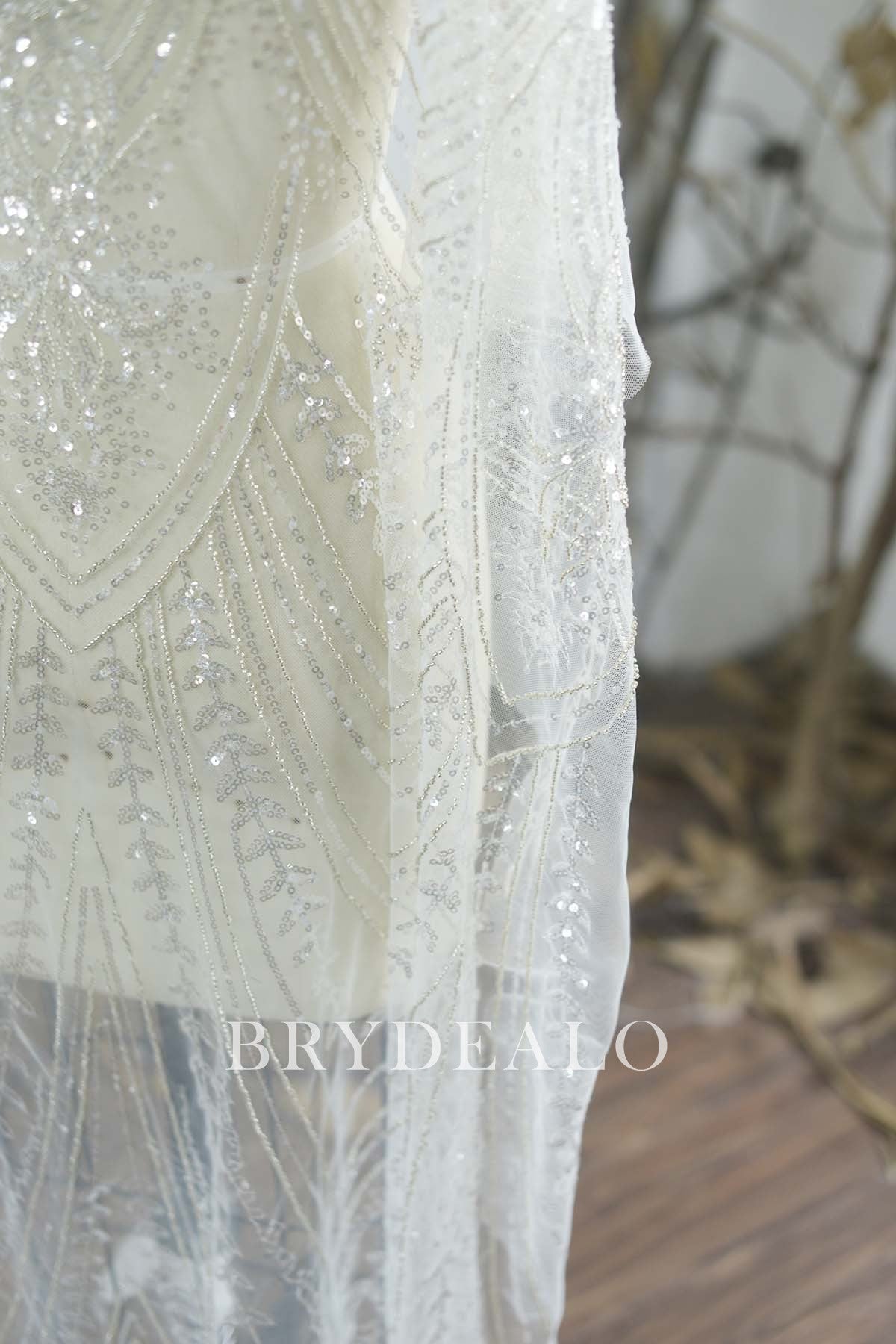Luxurious Silver Beaded Lace Fabric