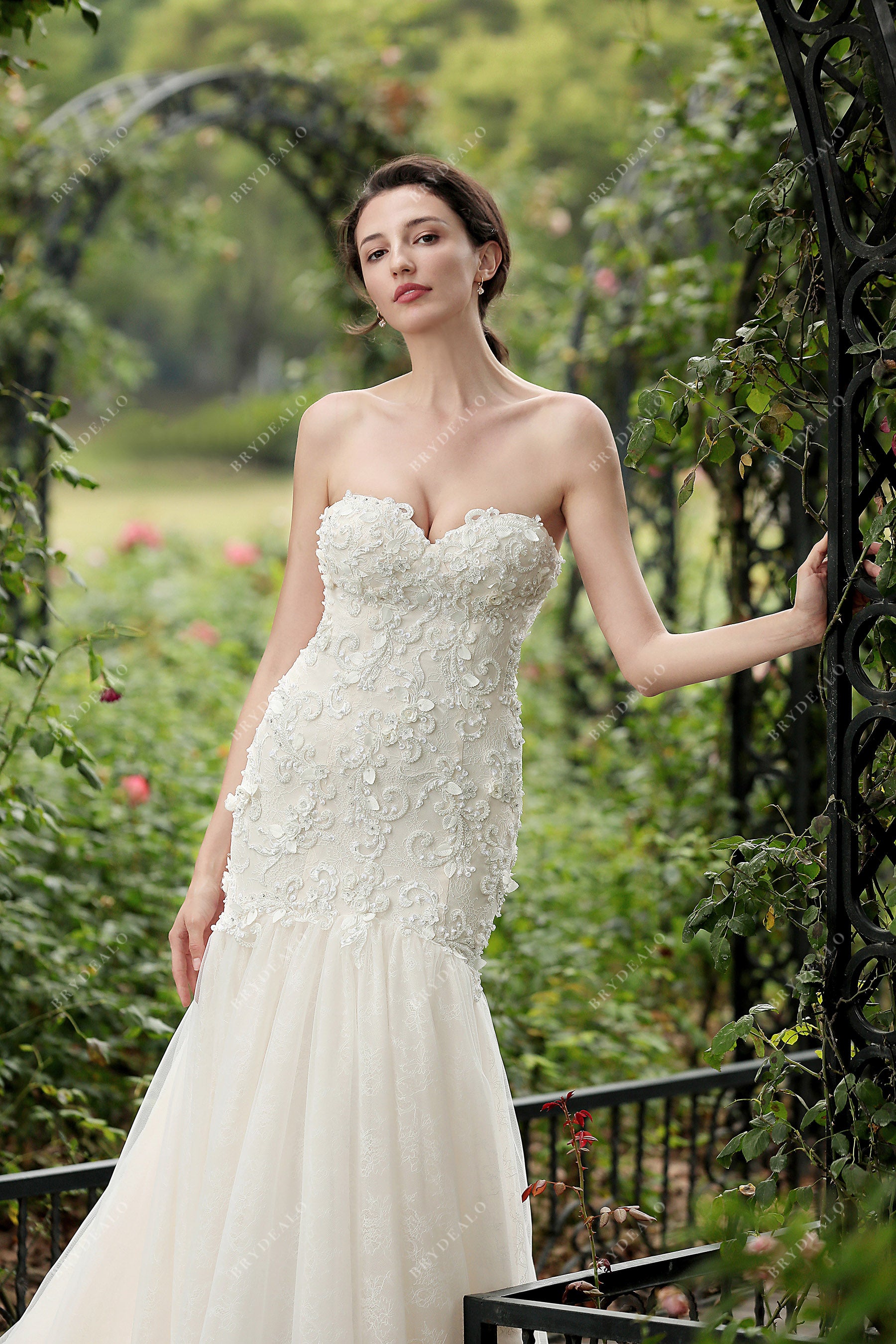Luxurious Strapless Beaded Flower Wedding Dress Light Ivory Luxurious Strapless Beaded Flower Wedding Dress Light Ivory