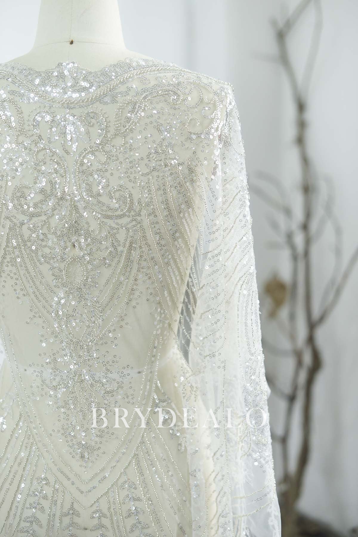 Silver Geometry Beaded Lace Fabric