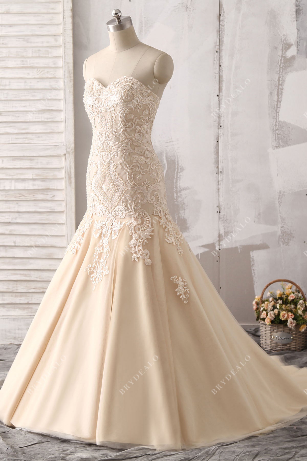 luxury beaded champagne trumpet bridal gown