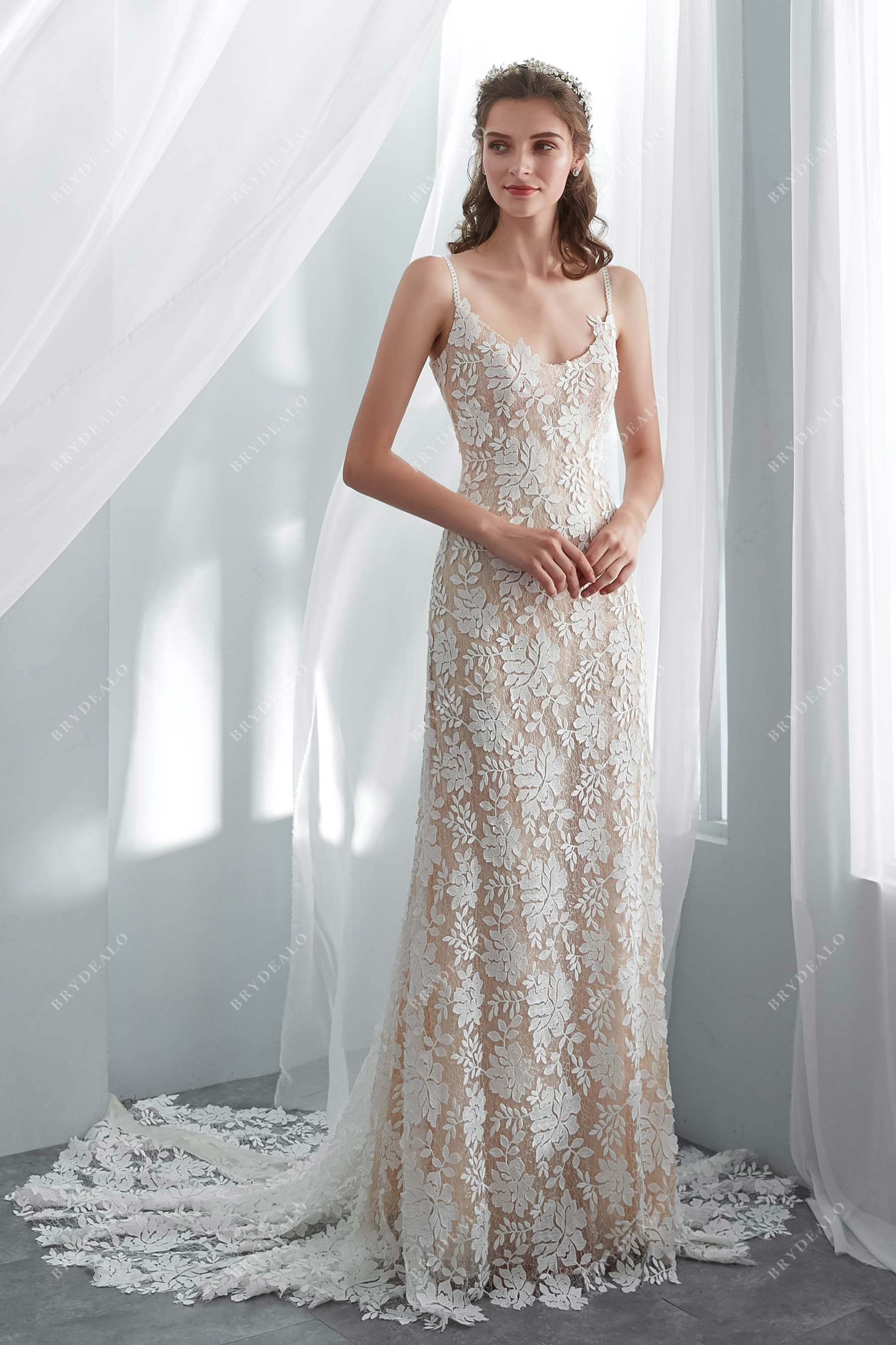 luxury champagne scoop neckline lace boho wedding dress