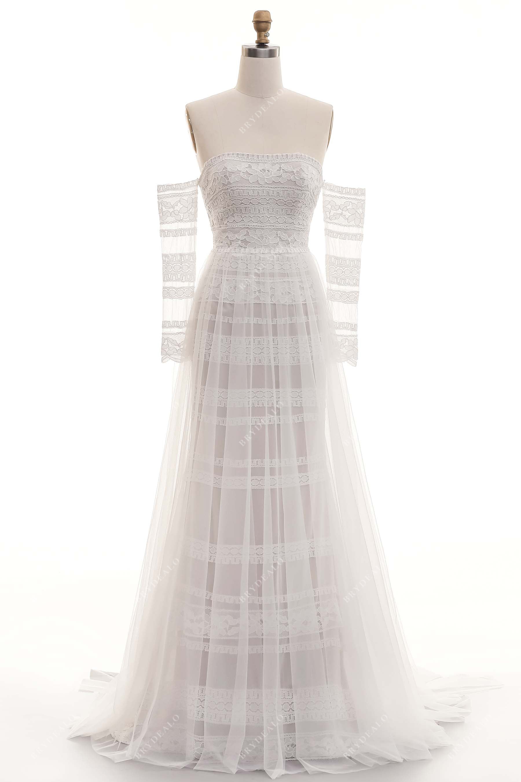 off-shoulder lace sleeved sheath bohemian wedding gown