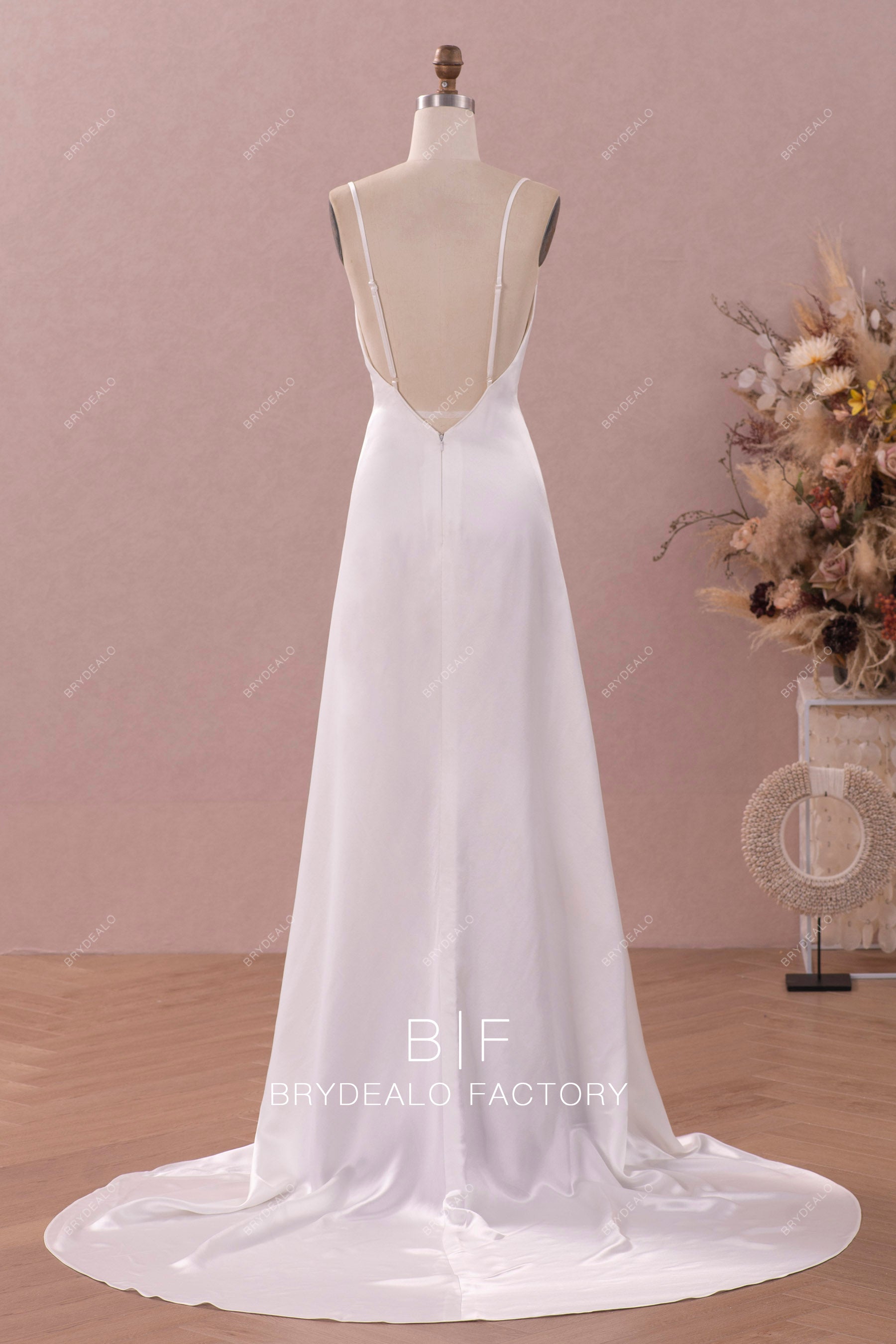 open back acetate satin strap slip bridal gown