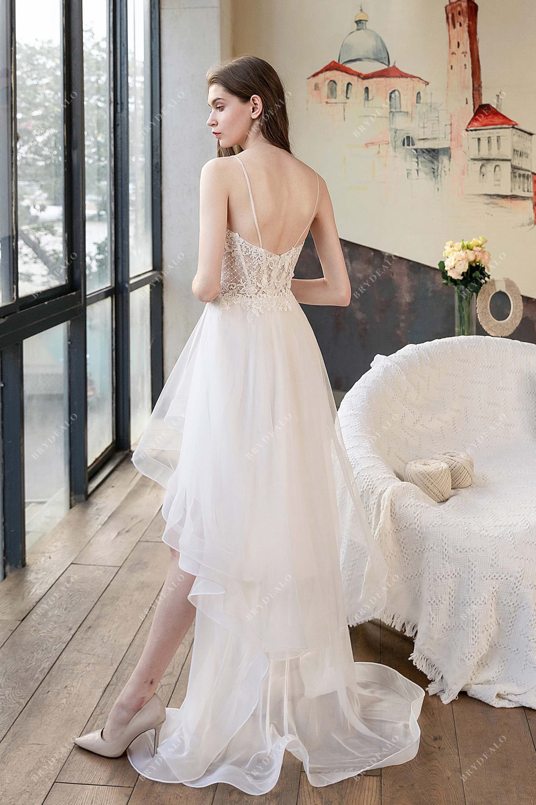 Open Back Thin Straps Corset Ruffled Tulle Bridal Dress