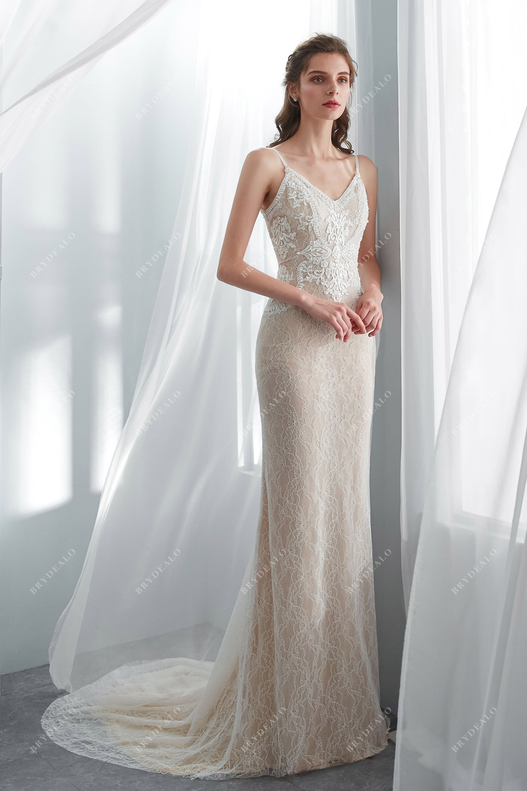 Beaded Lace Champagne Mermaid Modern Bridal Gown Beaded Lace Champagne Mermaid Modern Bridal Gown