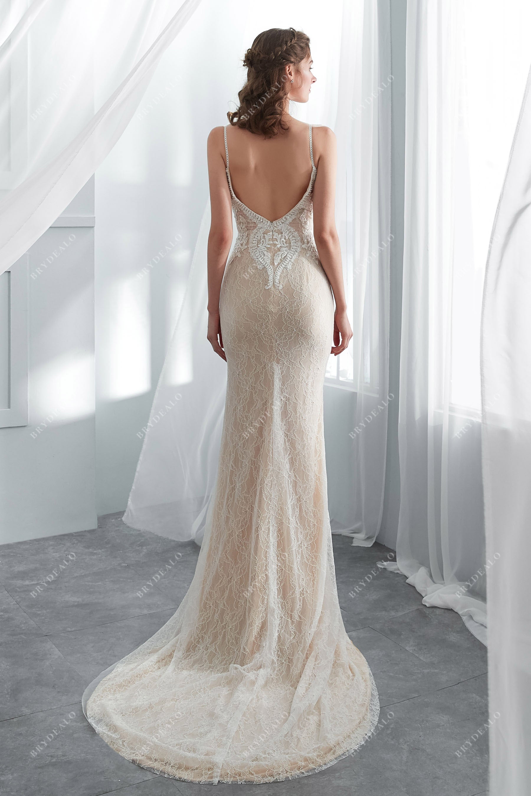 Beaded Lace Champagne Mermaid Modern Bridal Gown for Wholesale