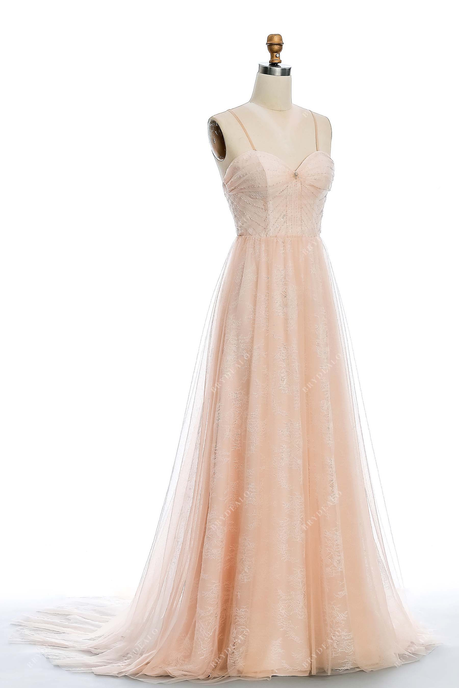 pearl pink beaded lace wedding dress