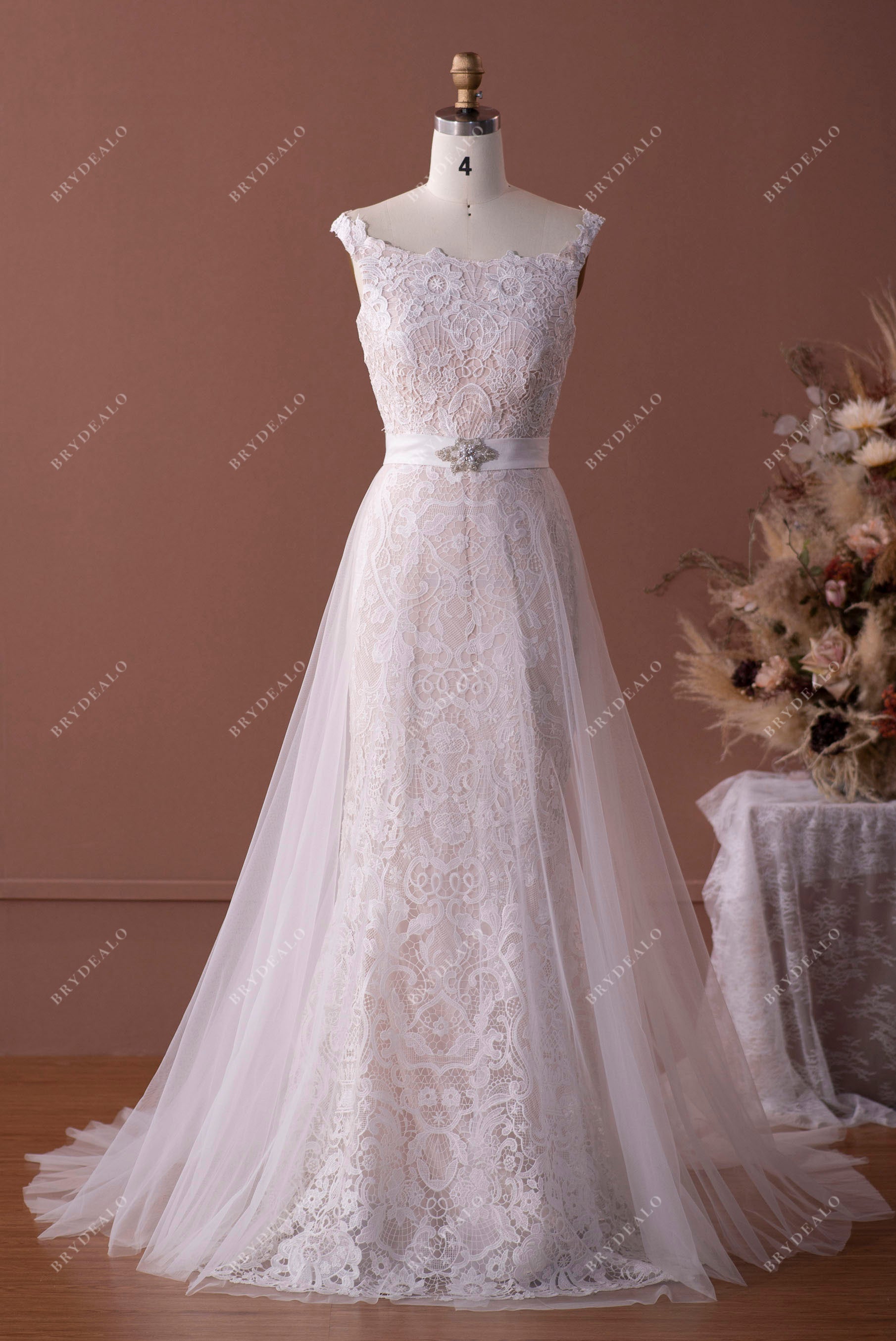 Lace Mermaid Wedding Dress with Detachable Tulle Overskirt