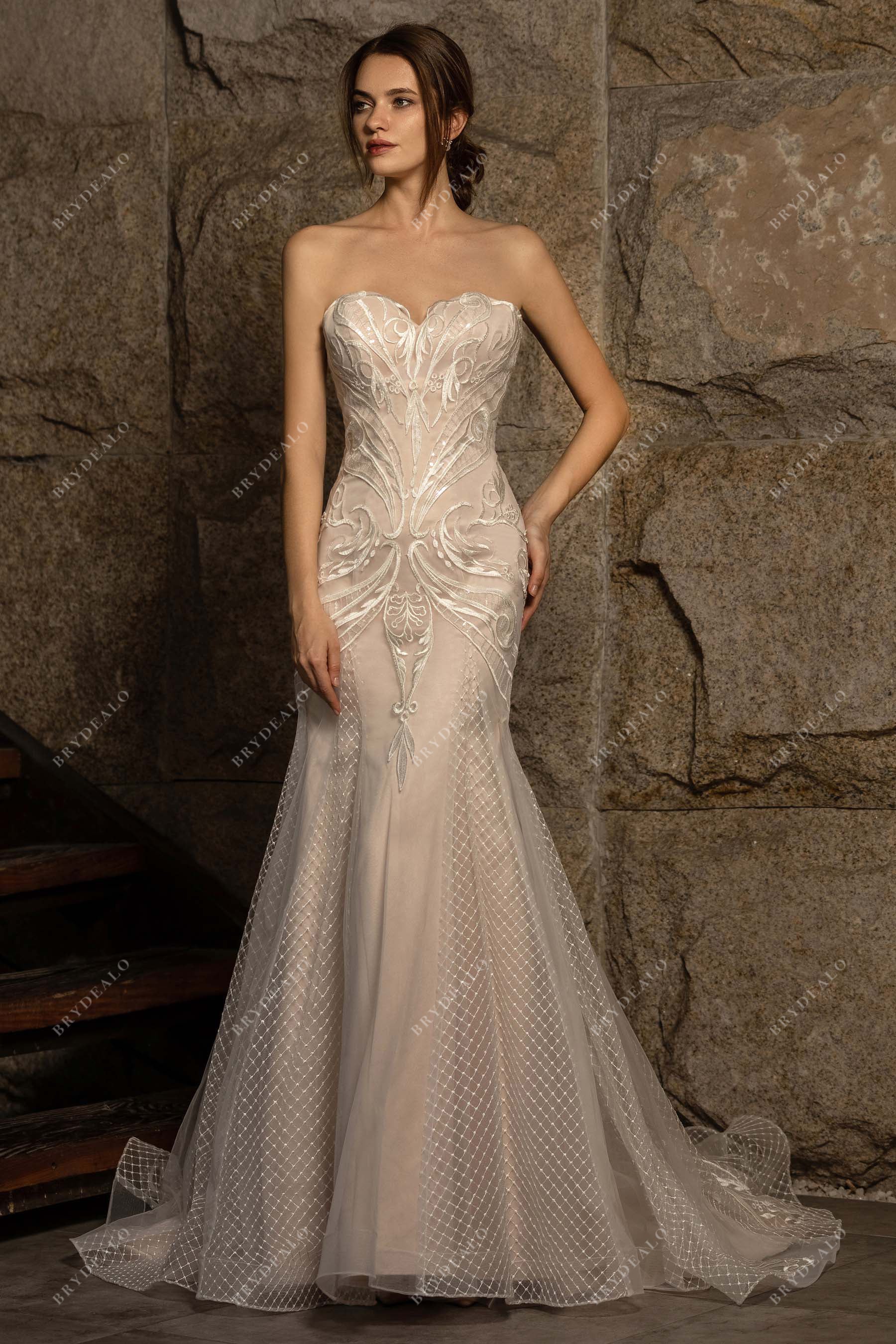 Strapless Sweetheart Lace Tulle Wedding Dress Light Ivory