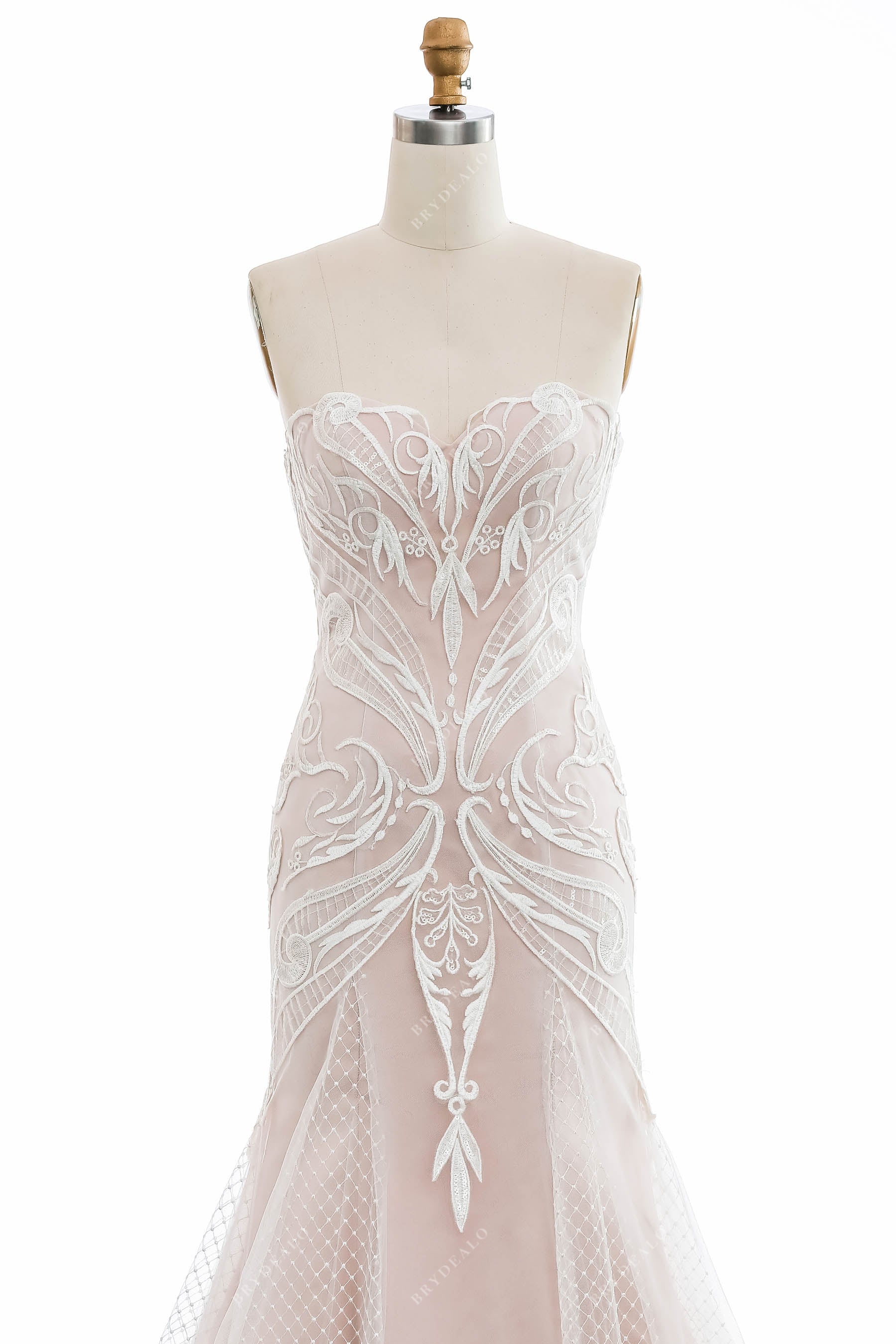 pearl pink strapless sweetheart lace wedding dress