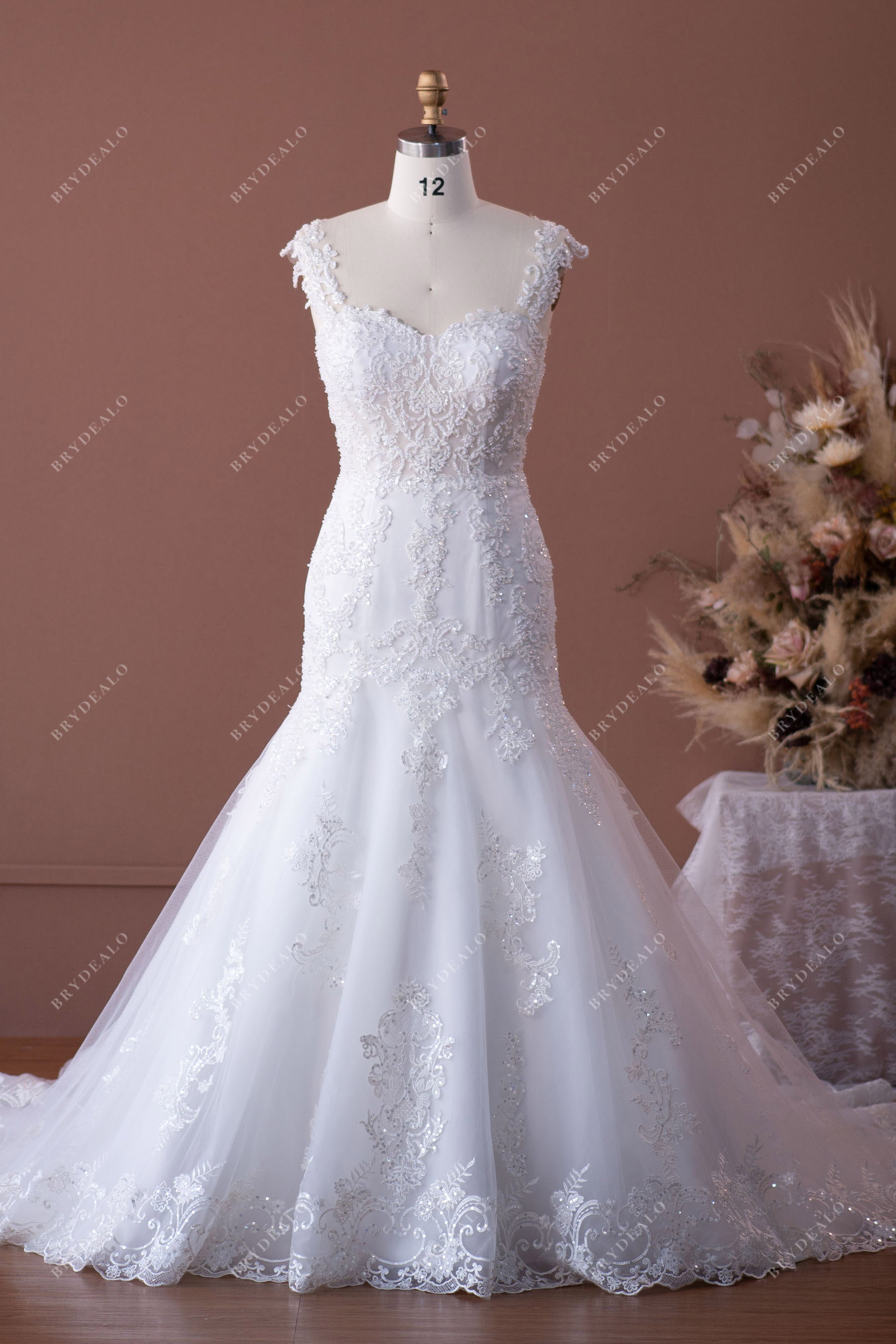 Pearl Sequin Lace Mermaid Long Train Wedding Dress