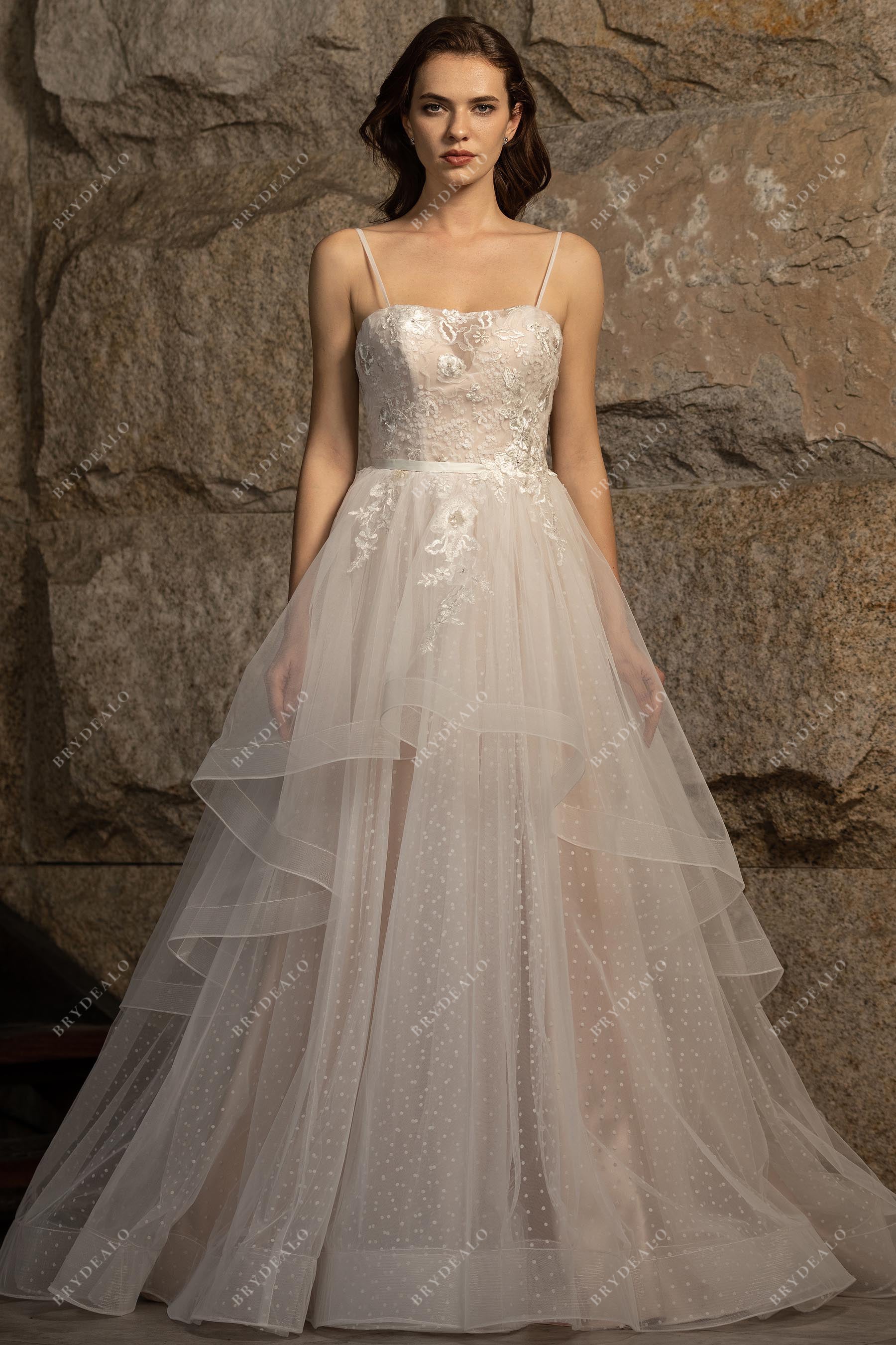 peplum fairy dot lace spaghetti straps bridal ball gown