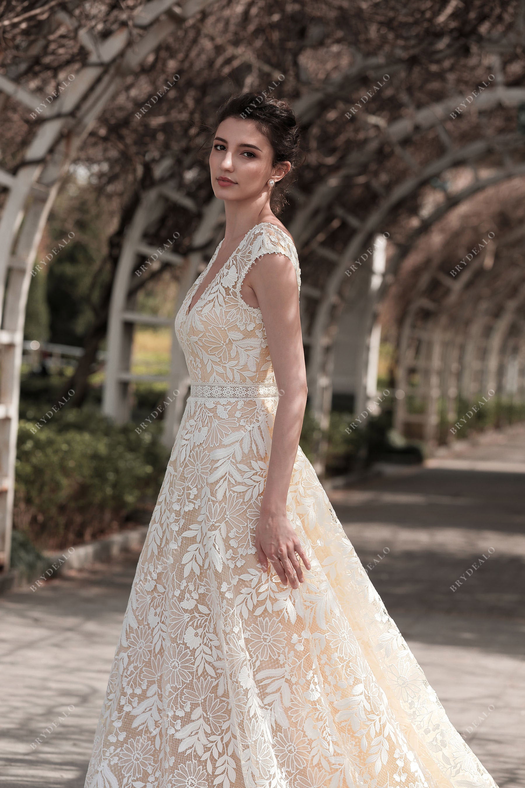 pink nude cap sleeve flower lace A-line wedding dress