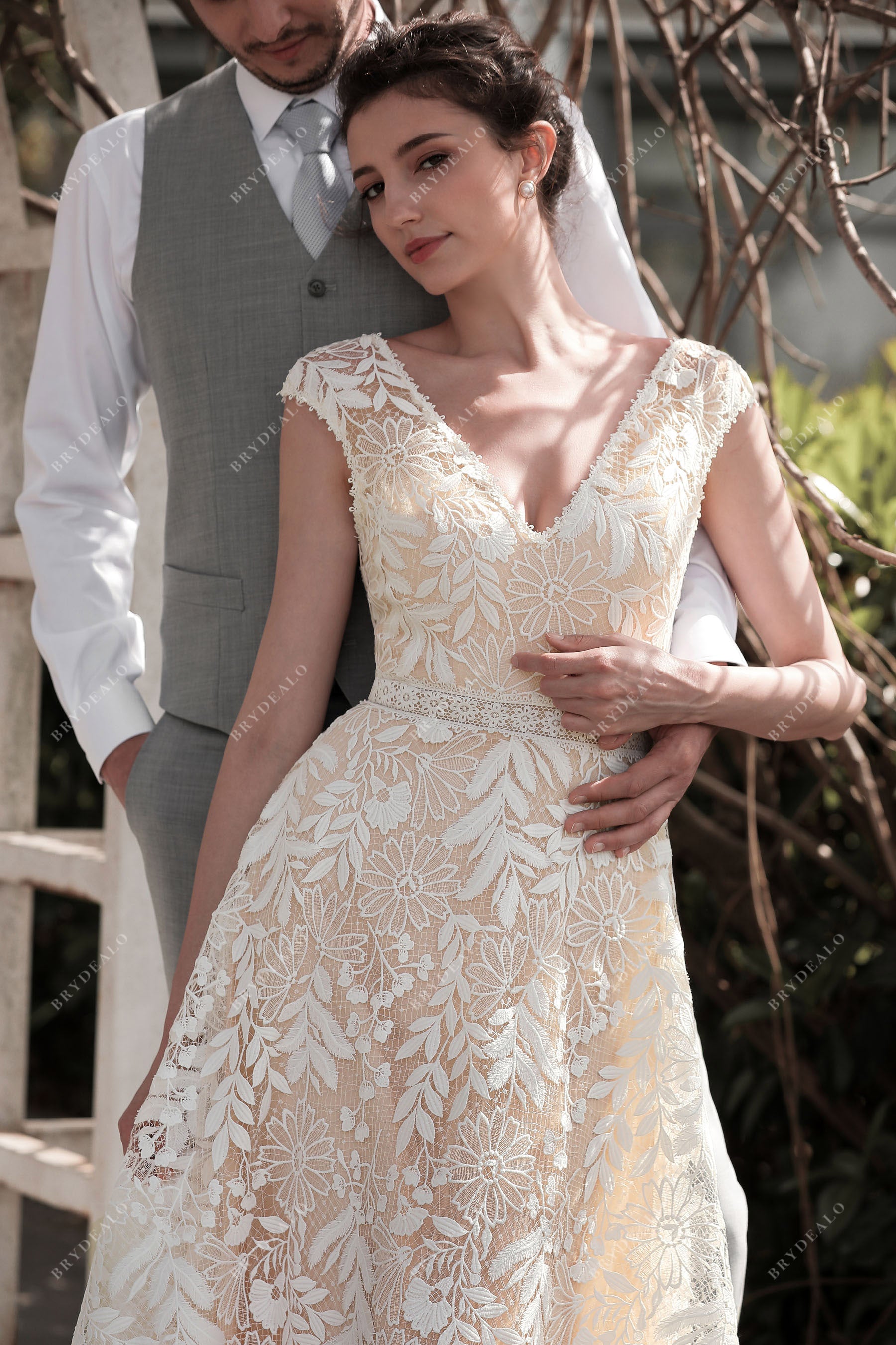 Pink Nude Cap Sleeve Lace A-line Wedding Dress Pink Nude Cap Sleeve Lace A-line Wedding Dress