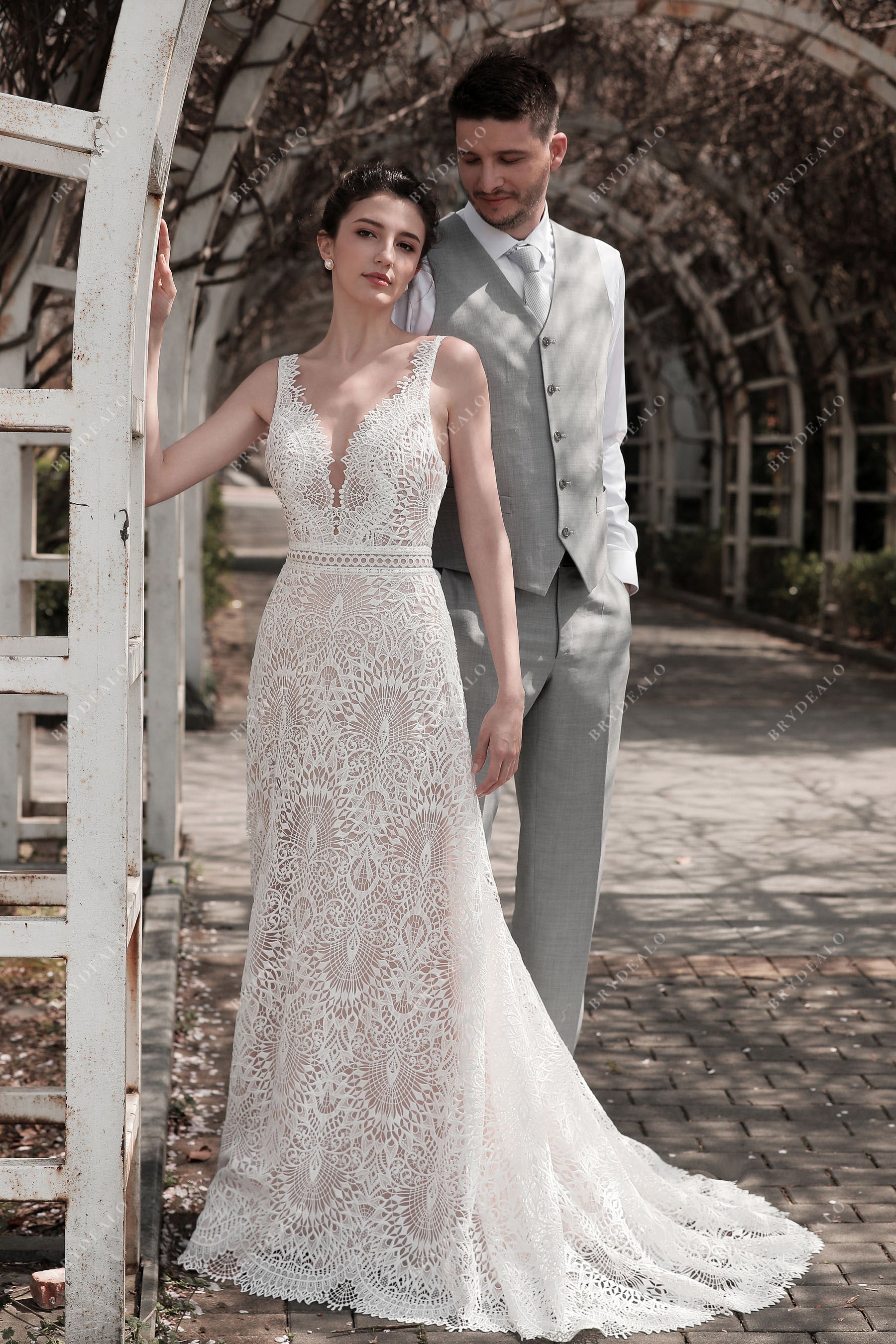 Straps Plunging Lace Open Back Wedding Dress Light Ivory Straps Plunging Lace Open Back Wedding Dress Light Ivory