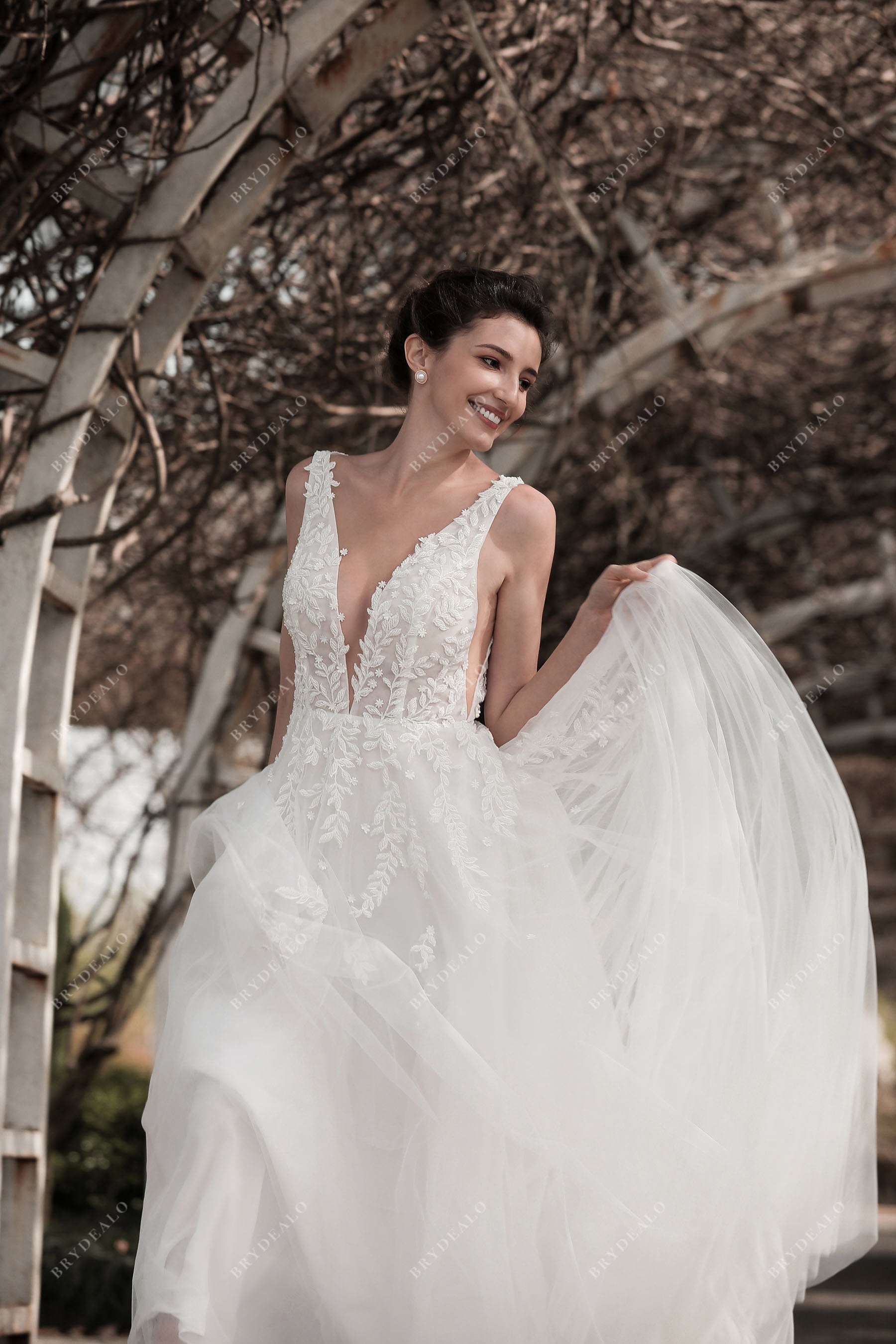 Plunging Beaded Lace Puffy A-line Wedding Dress Plunging Beaded Lace Puffy A-line Wedding Dress