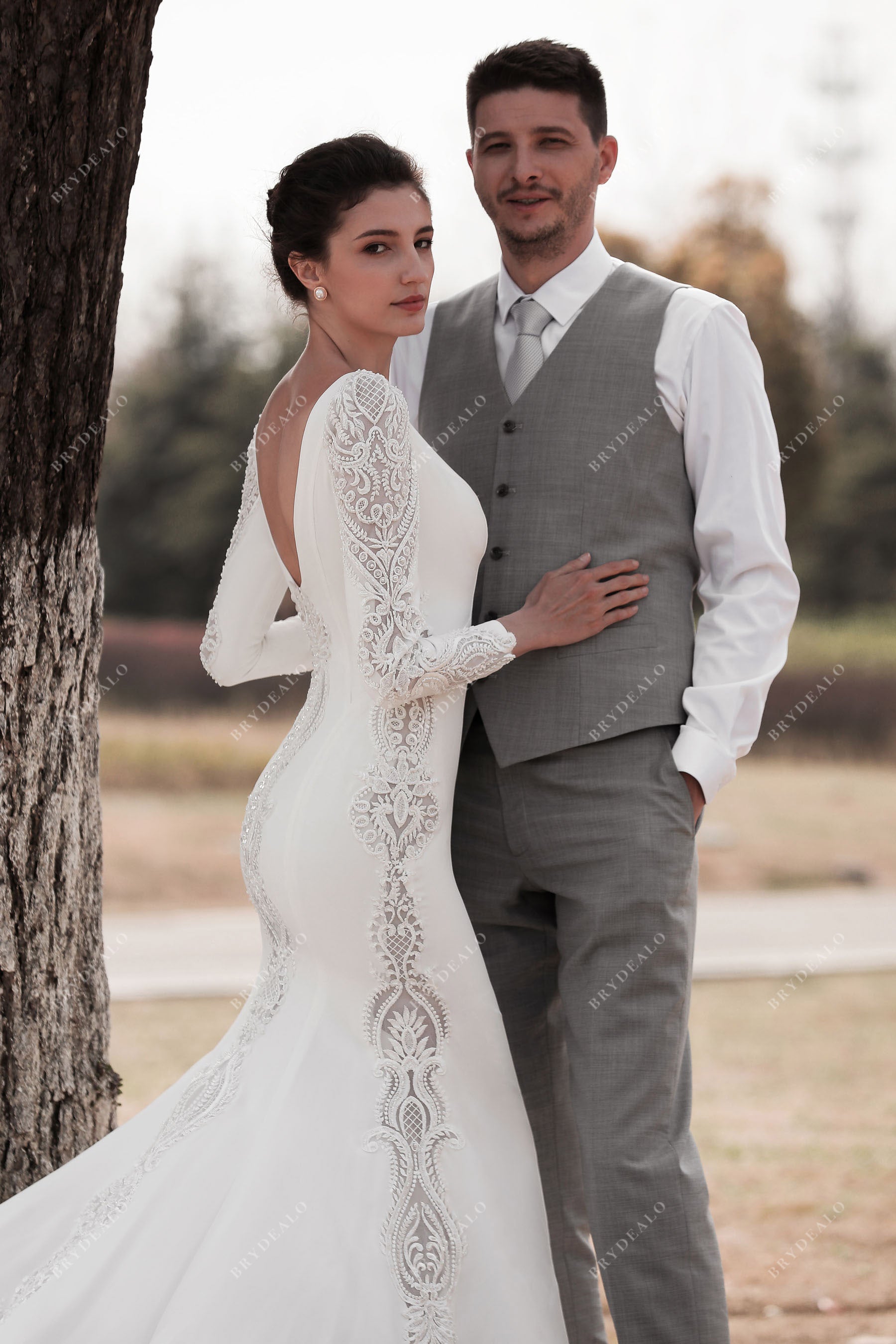 Elegant Crepe Lace Sleeved Mermaid Bridal Gown Light Ivory / With Beading Elegant Crepe Lace Sleeved Mermaid Bridal Gown Light Ivory / With Beading