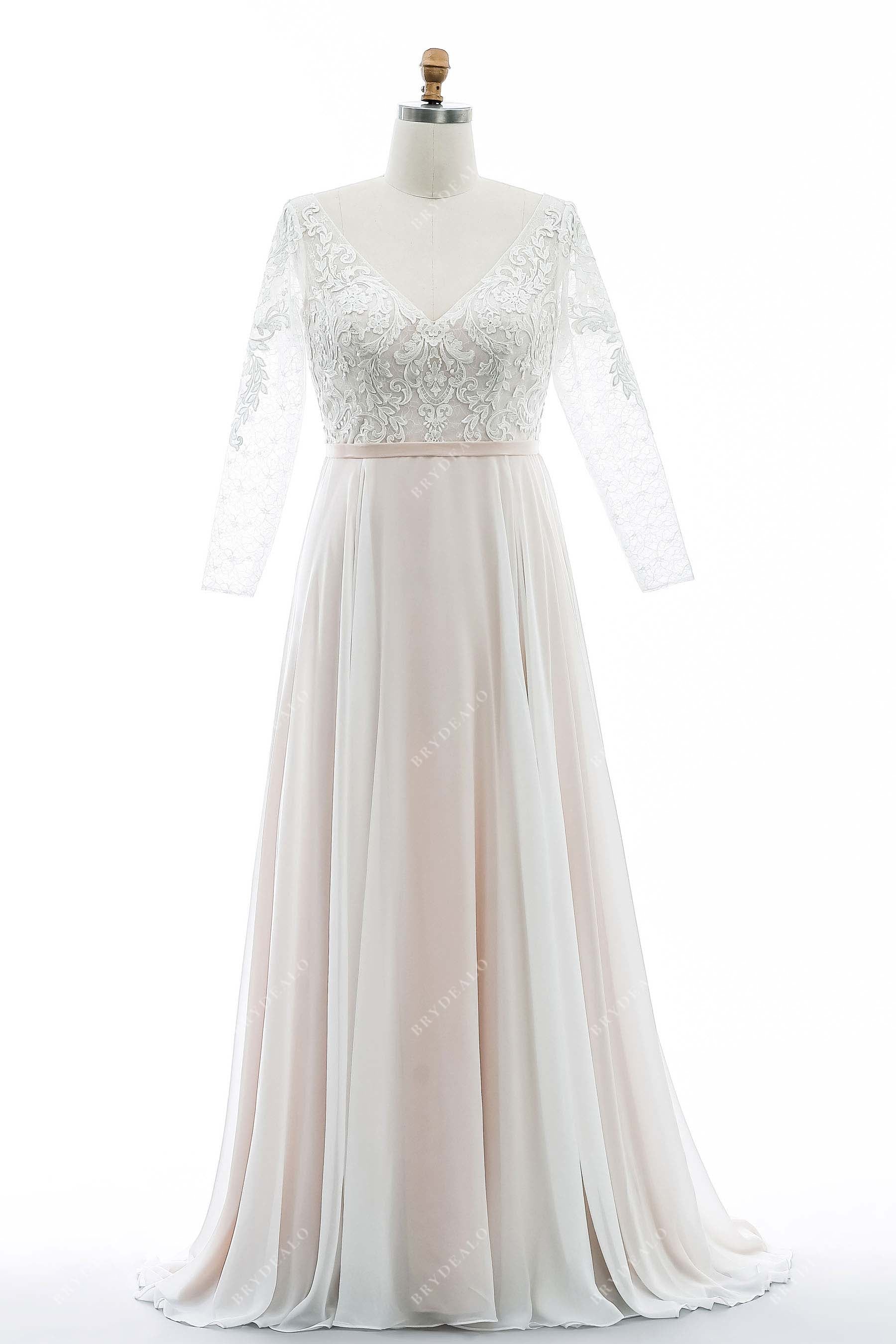 Plus Size Flowing Chiffon Lace Boho Wedding Dress Pearl Pink Plus Size Flowing Chiffon Lace Boho Wedding Dress Pearl Pink