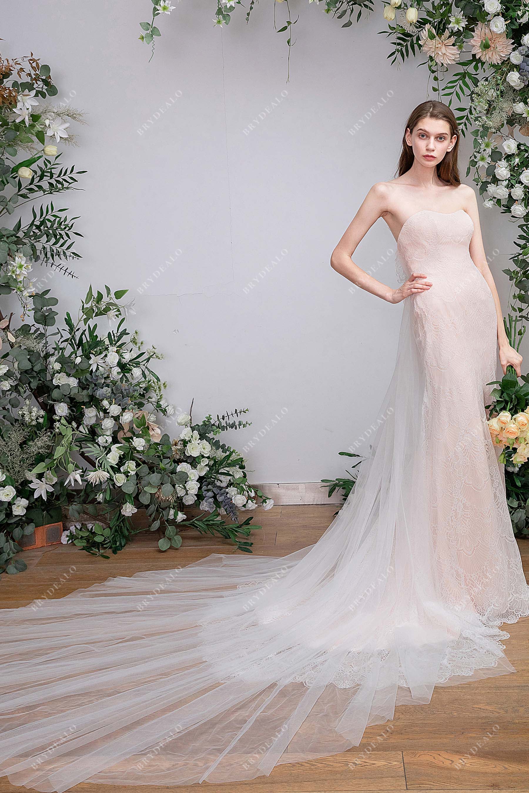 Graceful Lace Removable Overskirt Wedding Dress Pearl Pink
