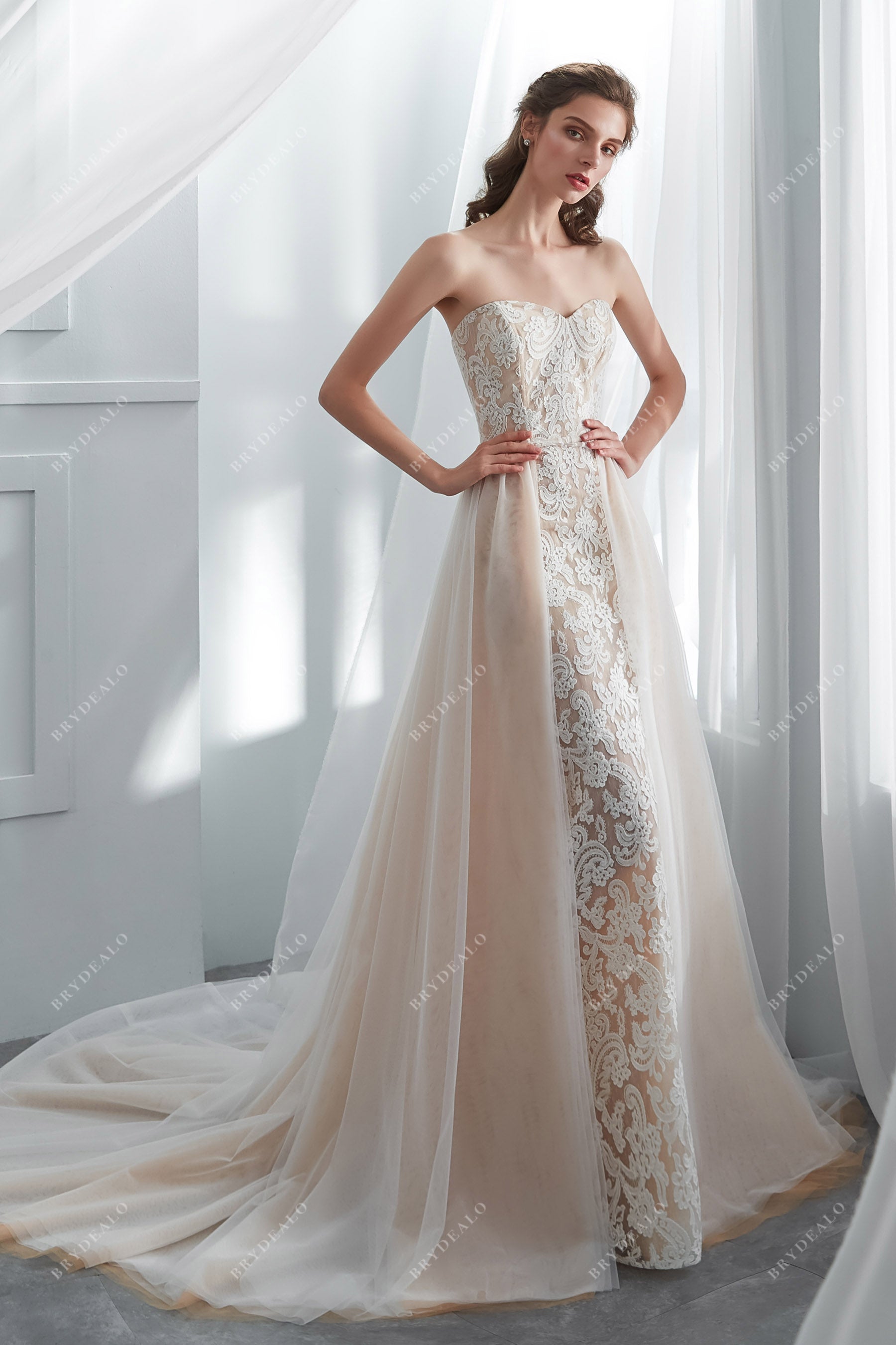Designer Lace Overskirt Mermaid Wedding Gown Light Ivory