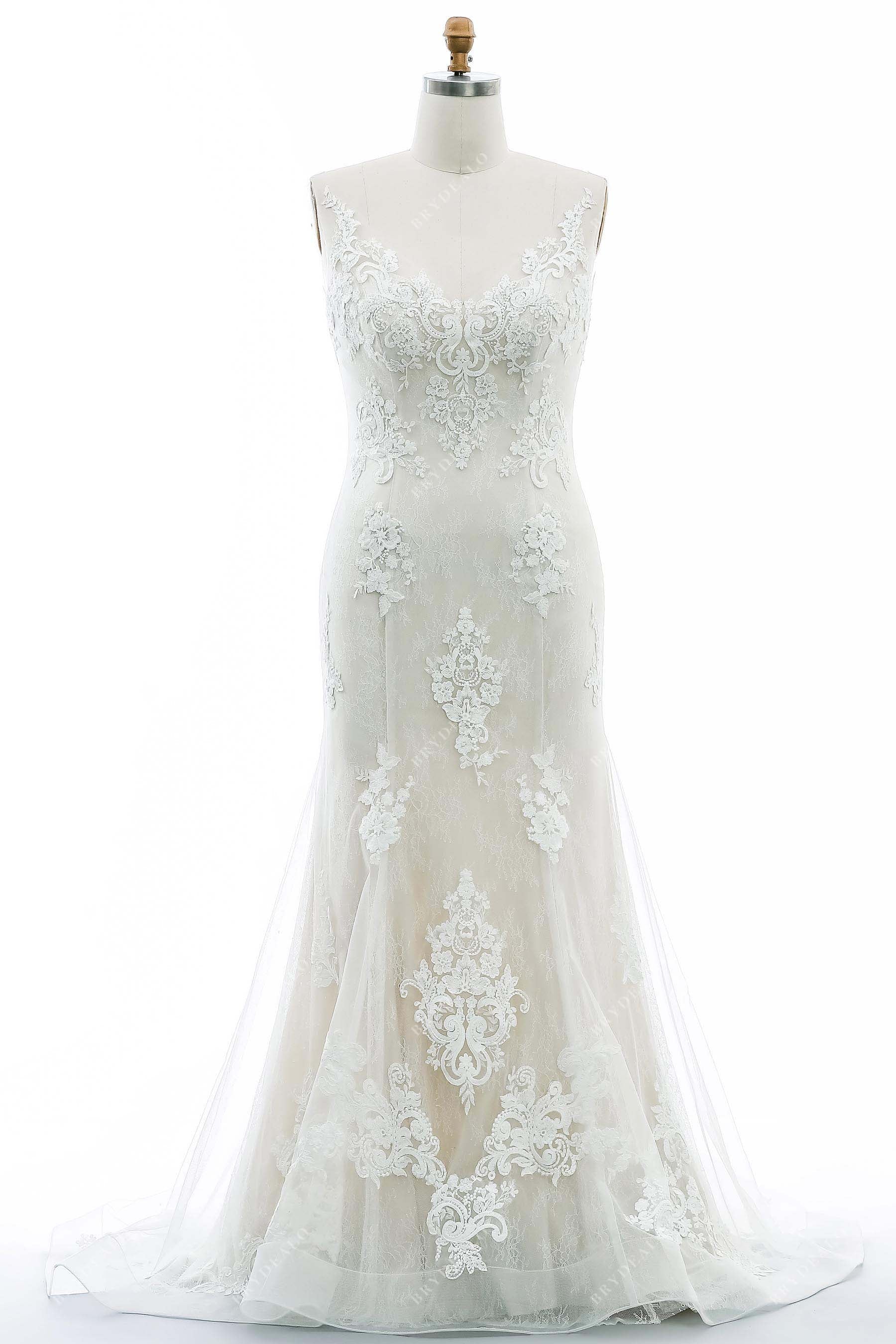 romantic champagne V-neck plus size mermaid bridal dress