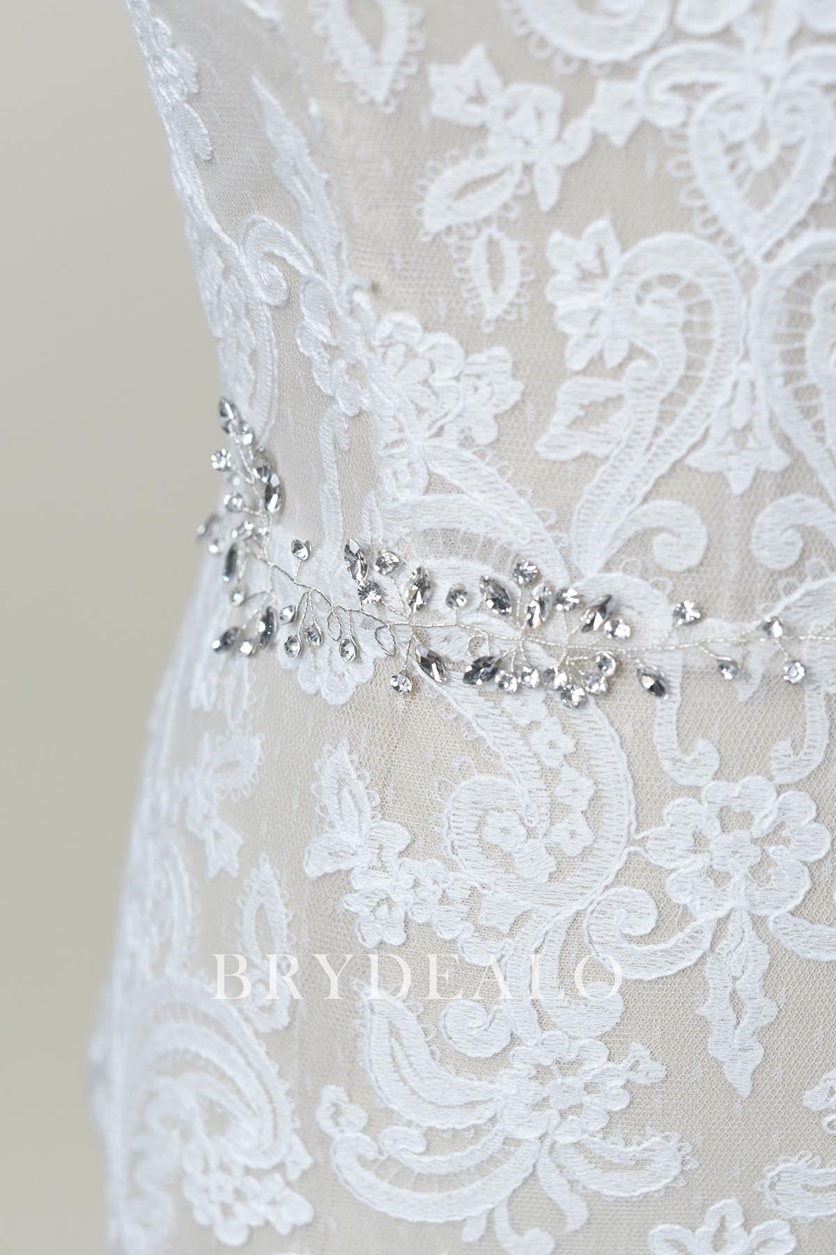 Romantic Crystal Silver Filament Sash with Satin Ties