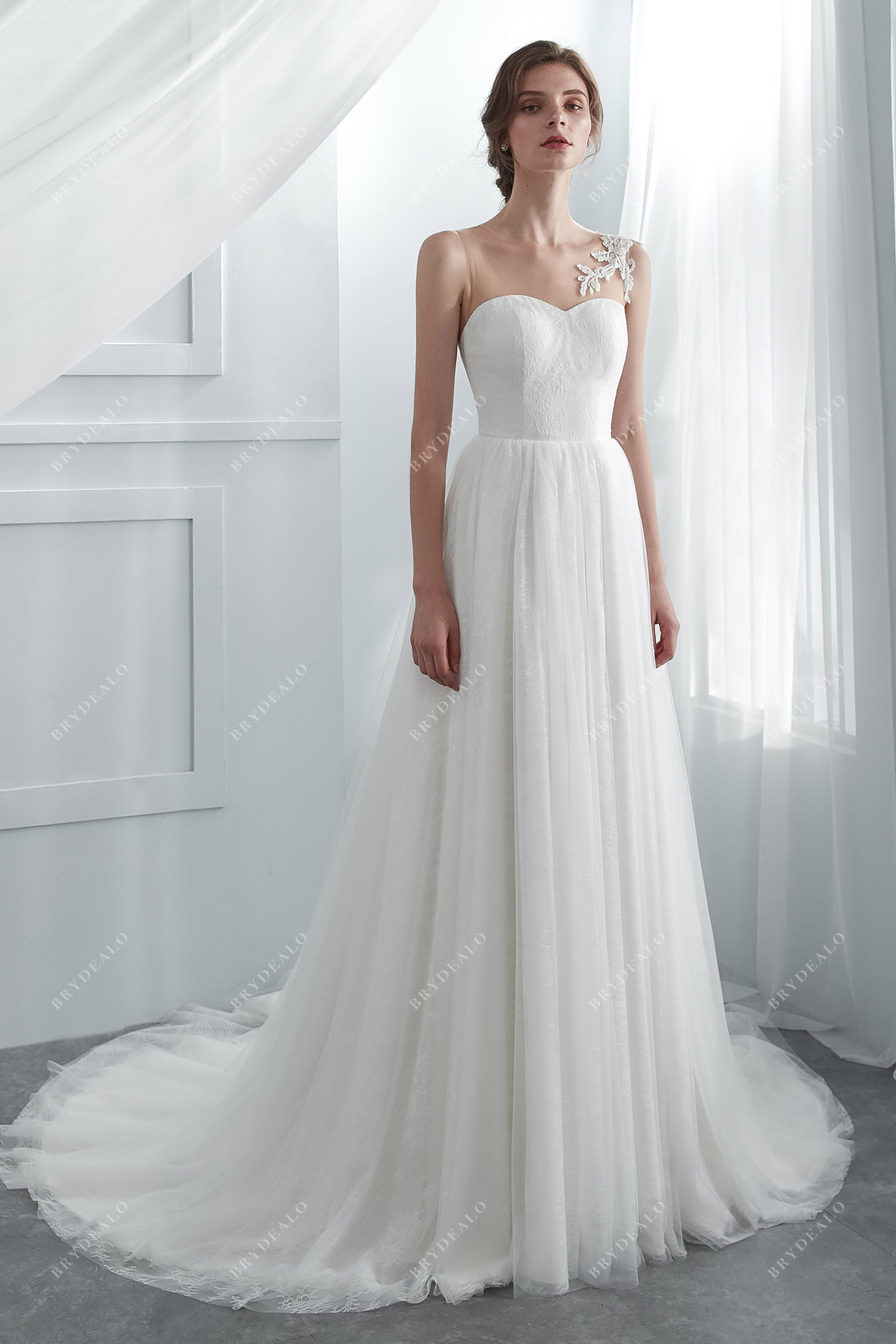 Private Label Designer Beaded Lace Illusion A-line Bridal Gown
