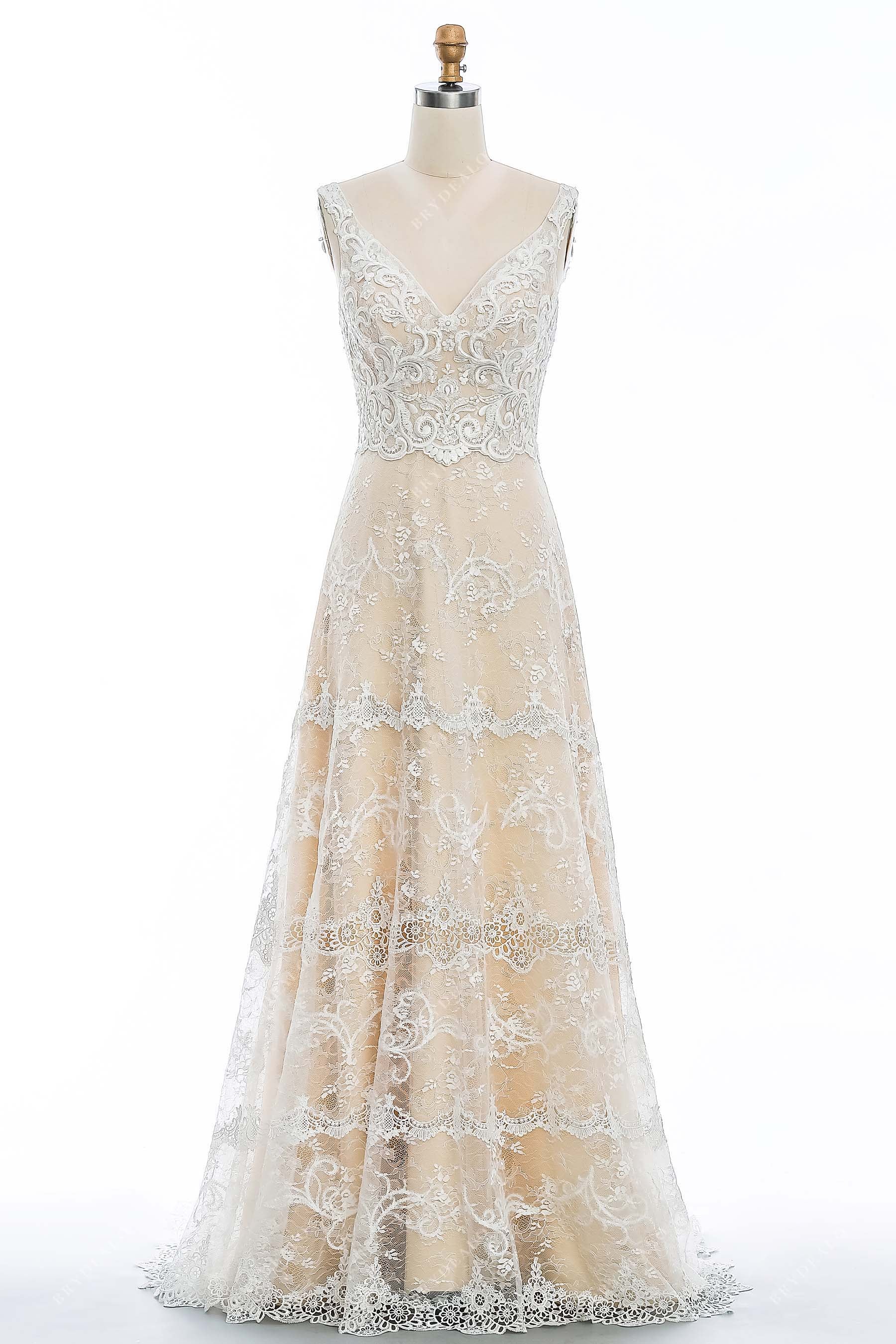 romantic lace straps open back wedding dress