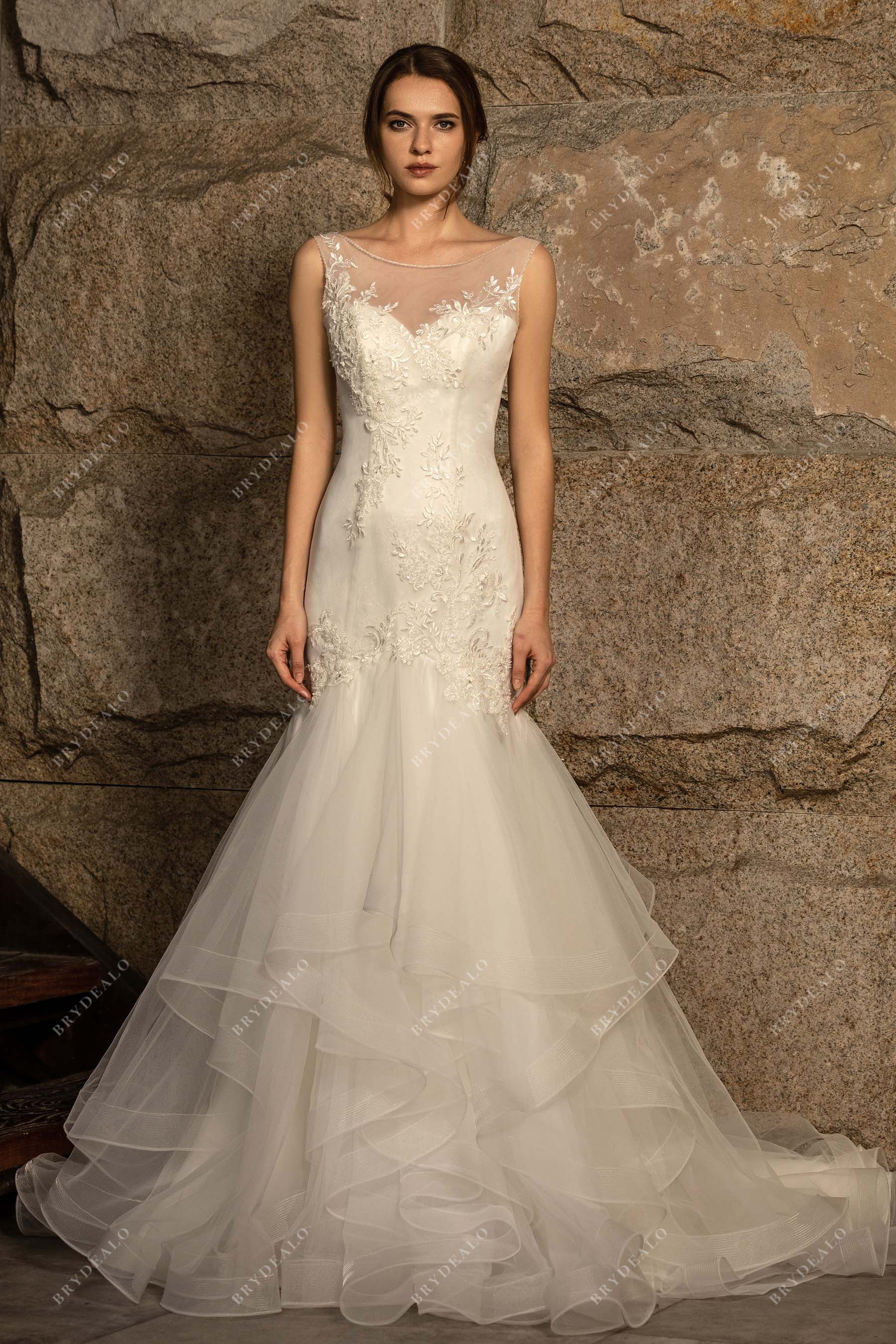 romantic sheer neck beaded lace tulle ruffled mermaid wedding dress