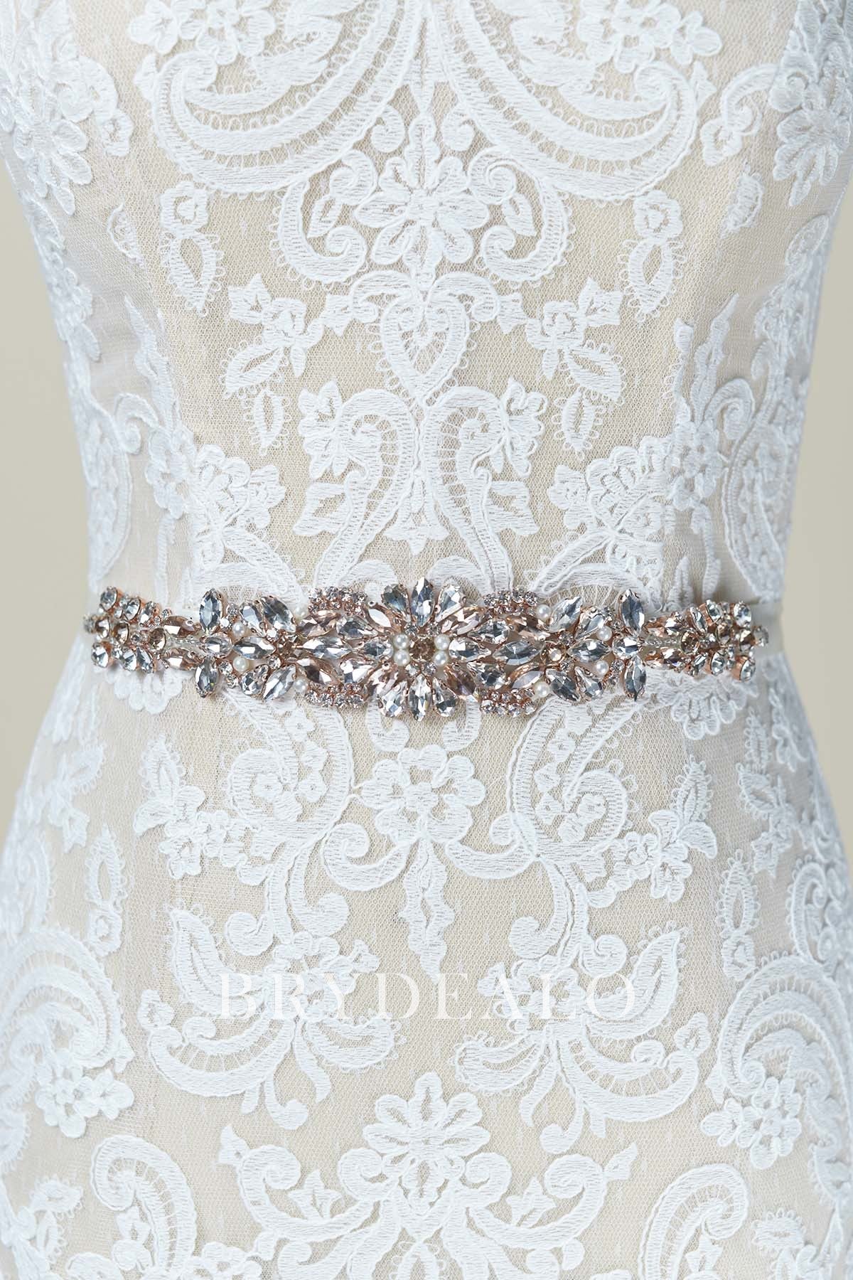 Rose Gold Pearl Rhinestone Blossom Medallion Sash