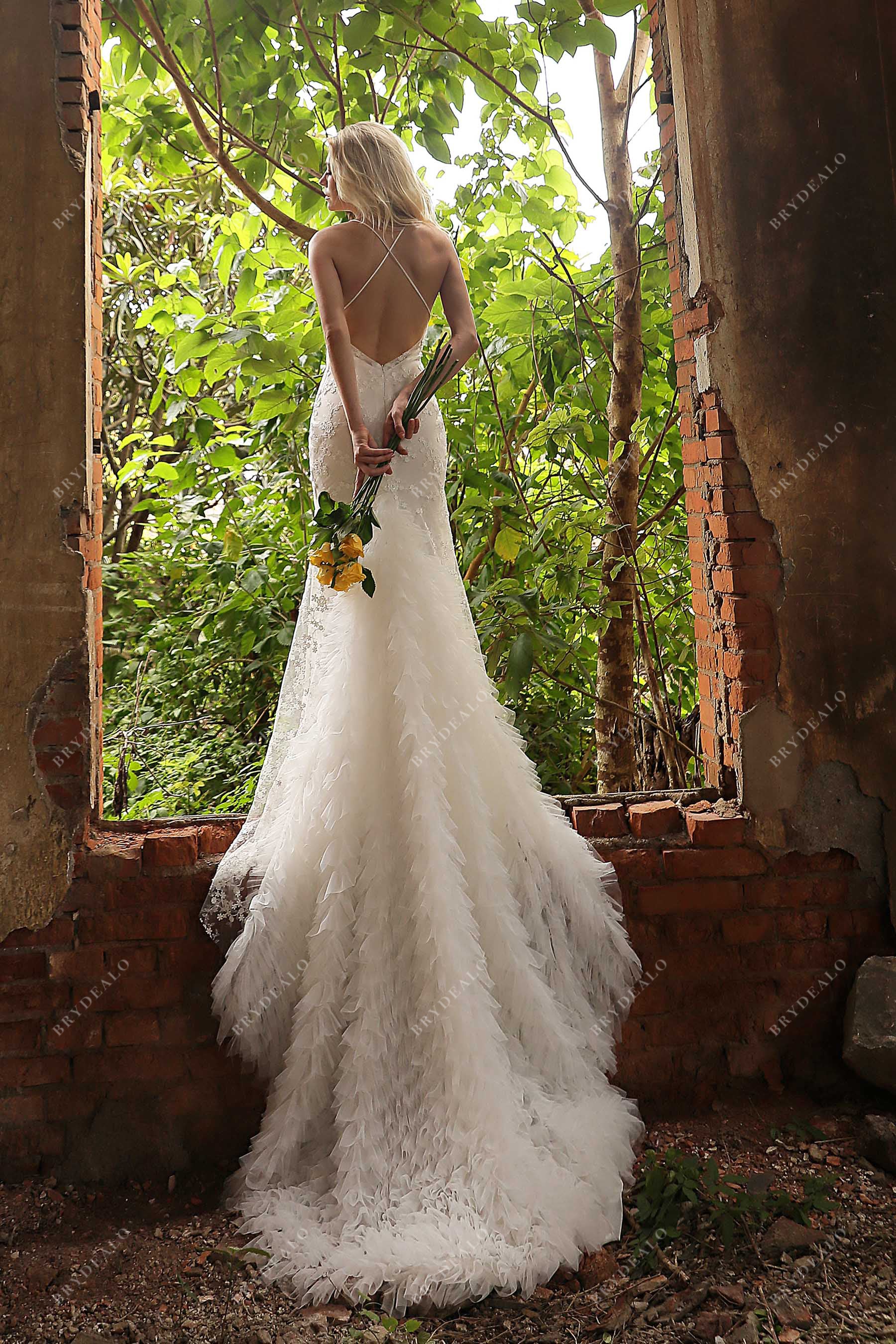 ruffled tulle godet mermaid crisscross bridal gown