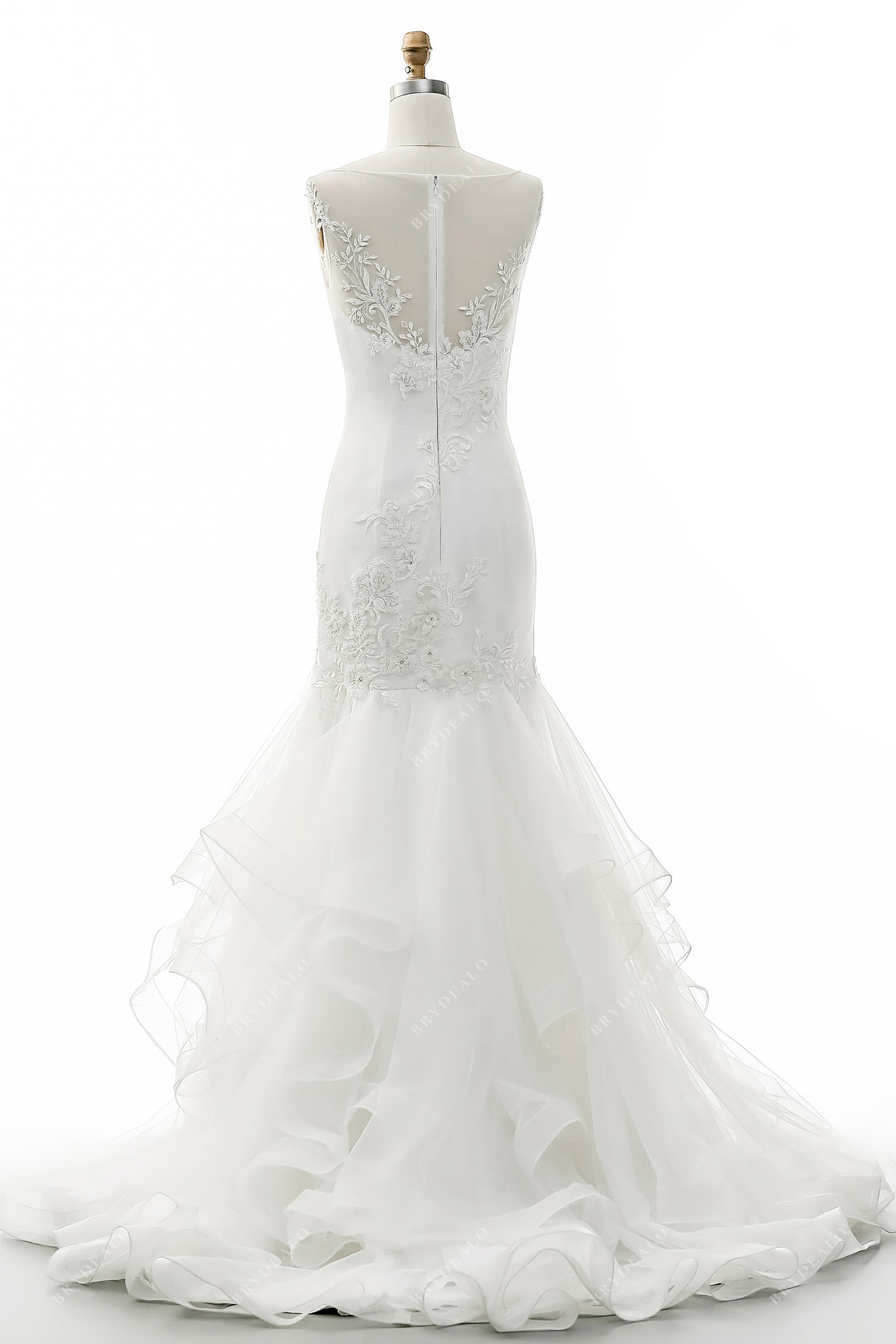 ruffled tulle trumpet illusion lace back wedding gown