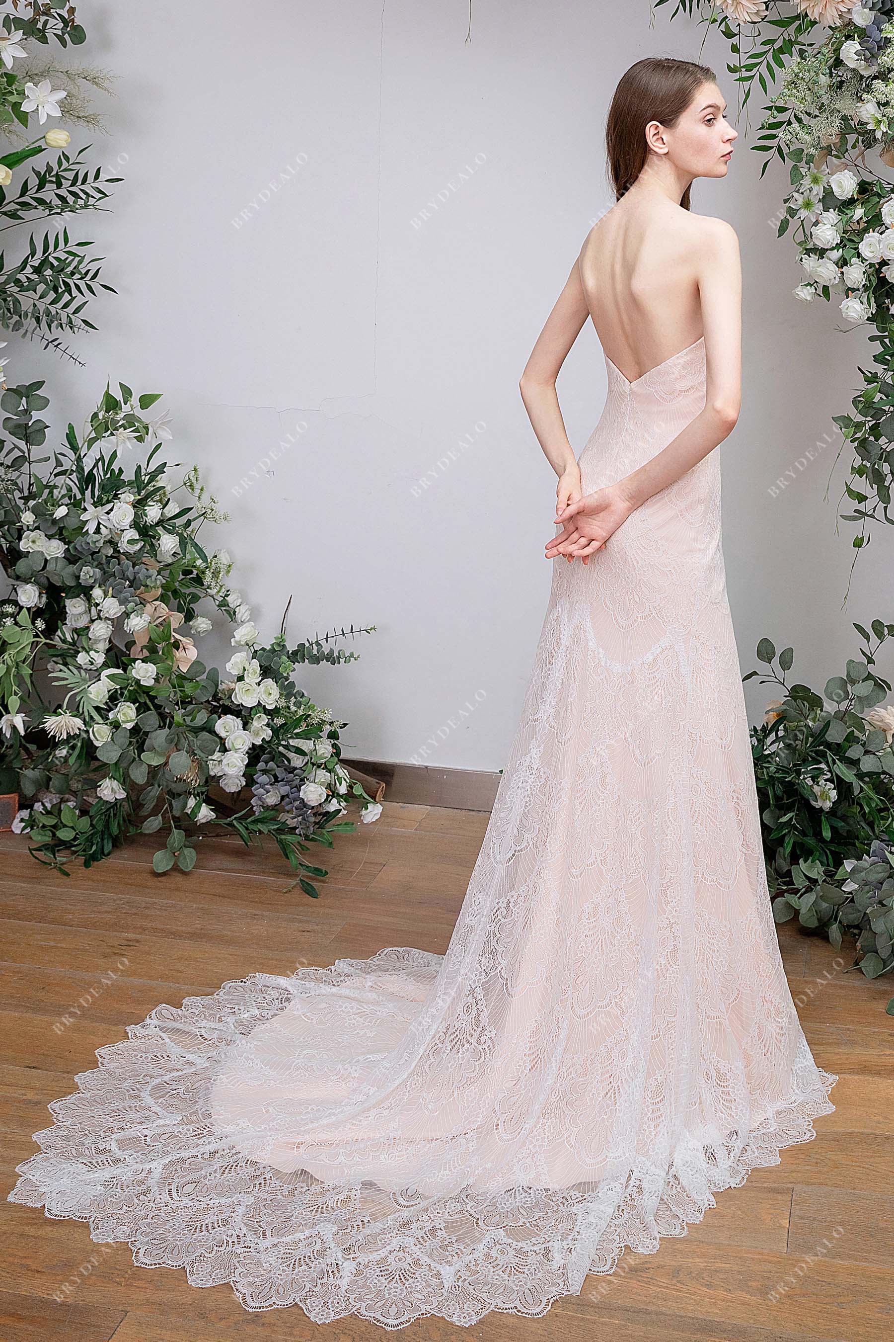 Scalloped Lace Court Train Mermaid Open Back Bridal Dress