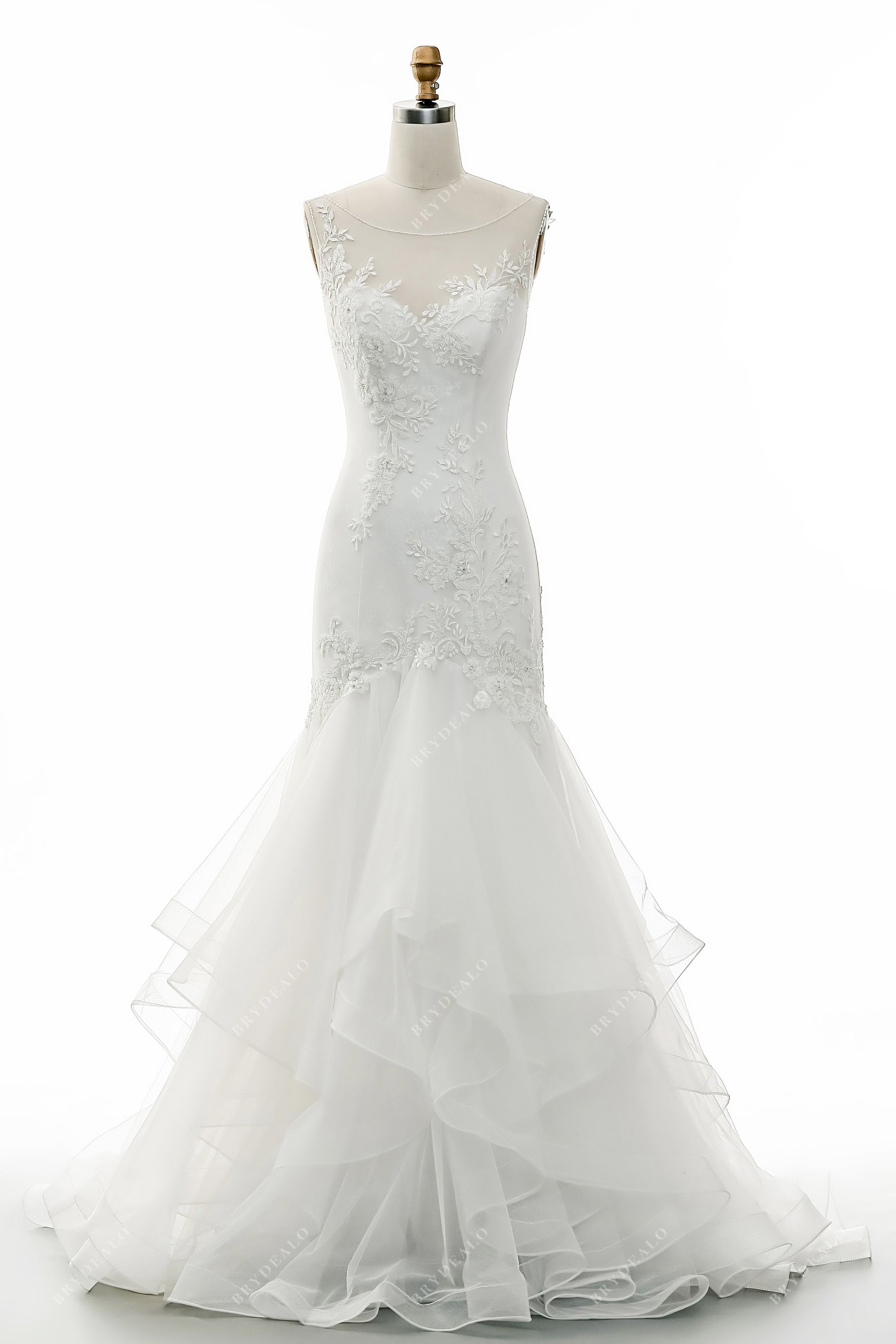 sheer bateau neck beaded lace tulle ruffled mermaid bridal gown