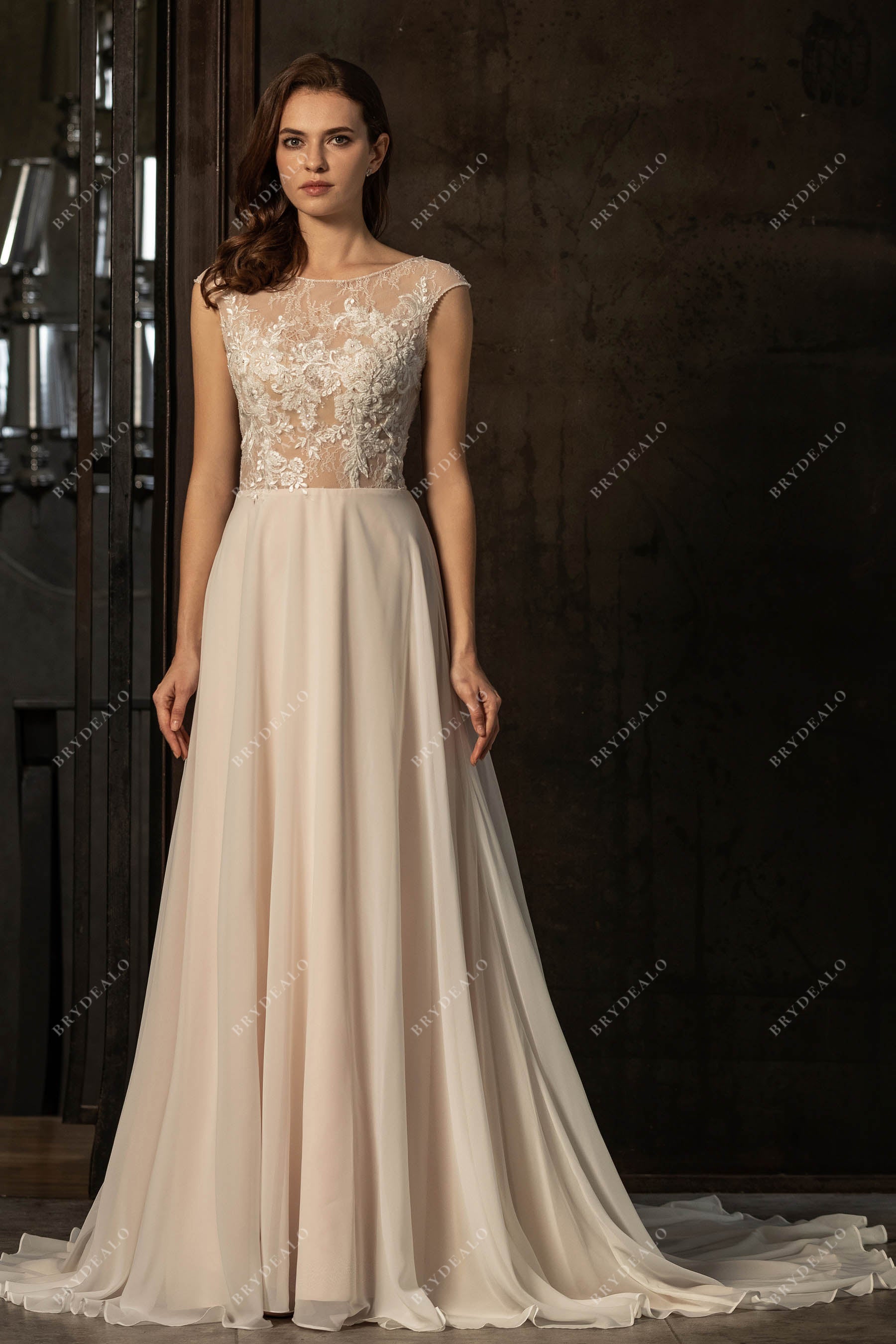 Sheer Cap Sleeve Beaded Lace Flowy Chiffon Beach Wedding Dress