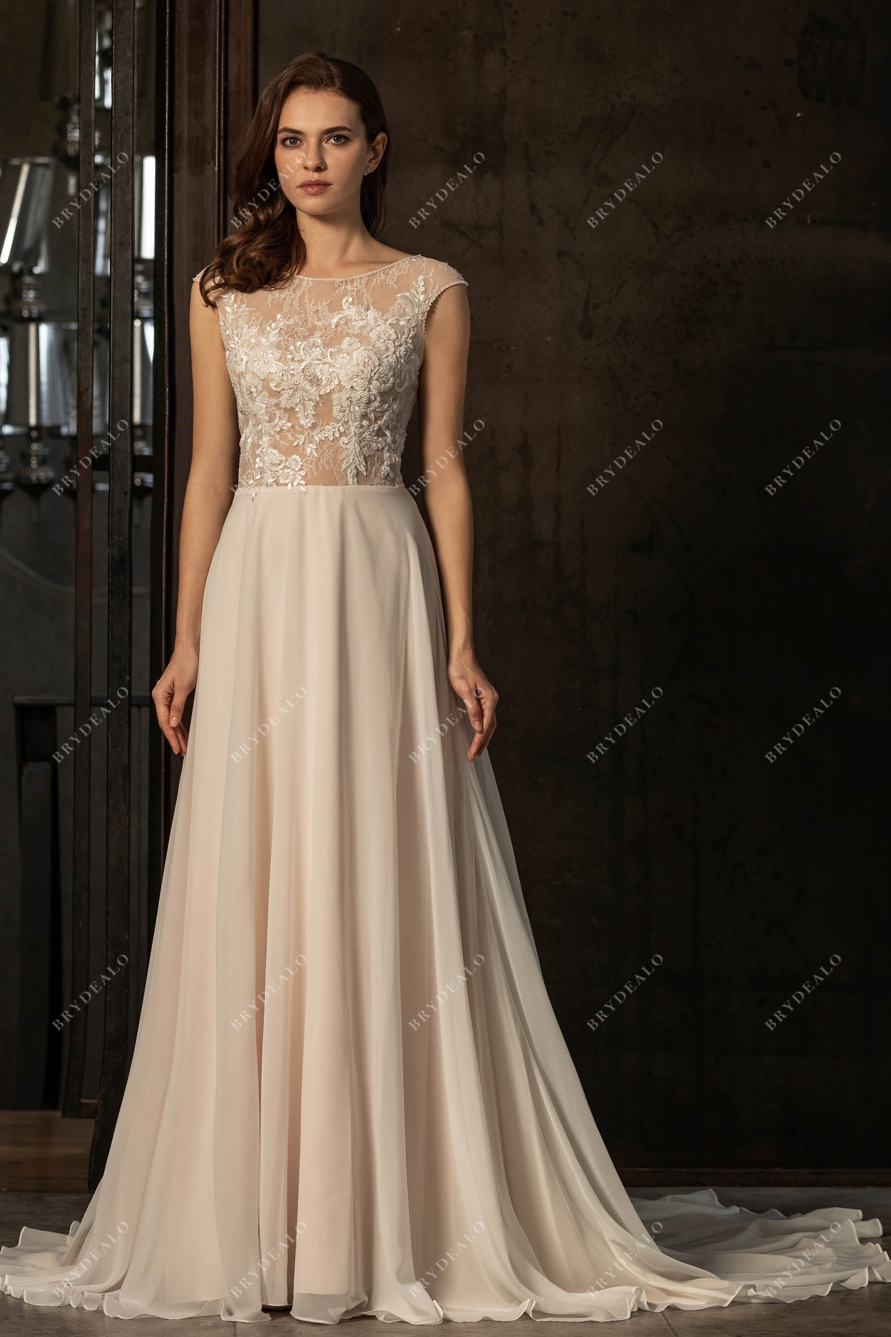 Cap Sleeve Beaded Lace Flowy Beach Wedding Dress Nude Pink Cap Sleeve Beaded Lace Flowy Beach Wedding Dress Nude Pink