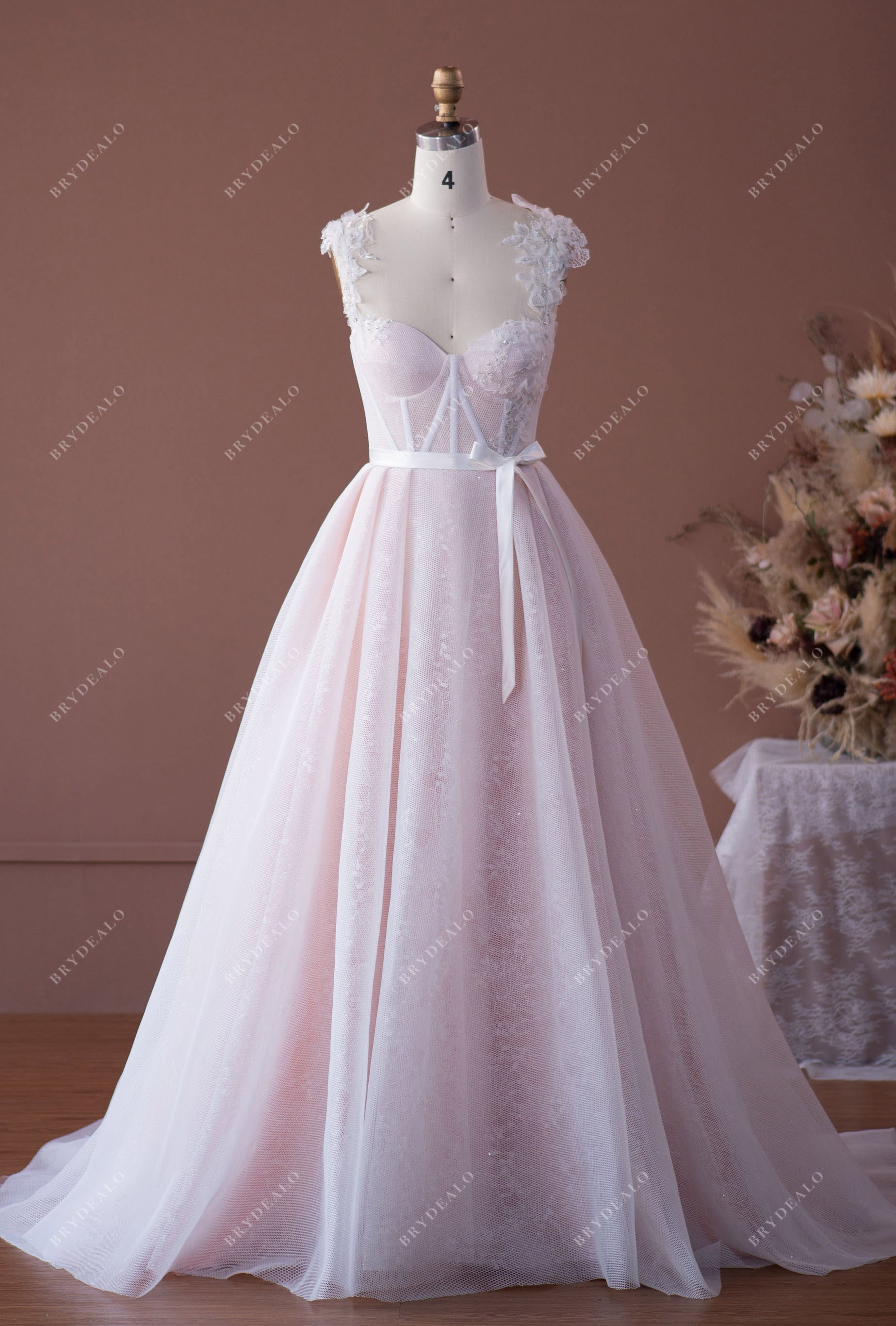 Sweetheart Neck Lace Straps Pinkish Corset Bridal Gown