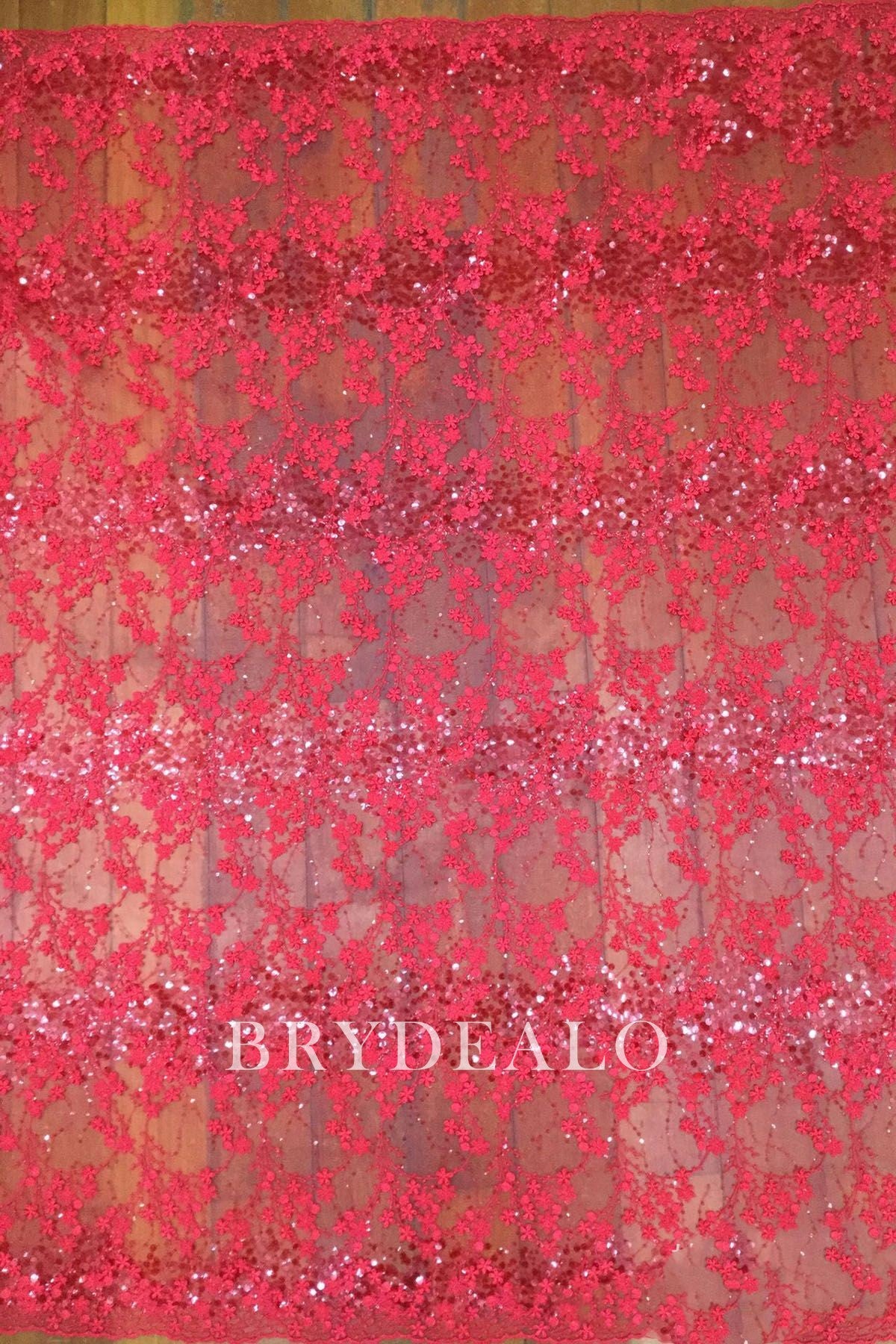 red Shimmery Embroidery Tiny Flower Lace Fabric