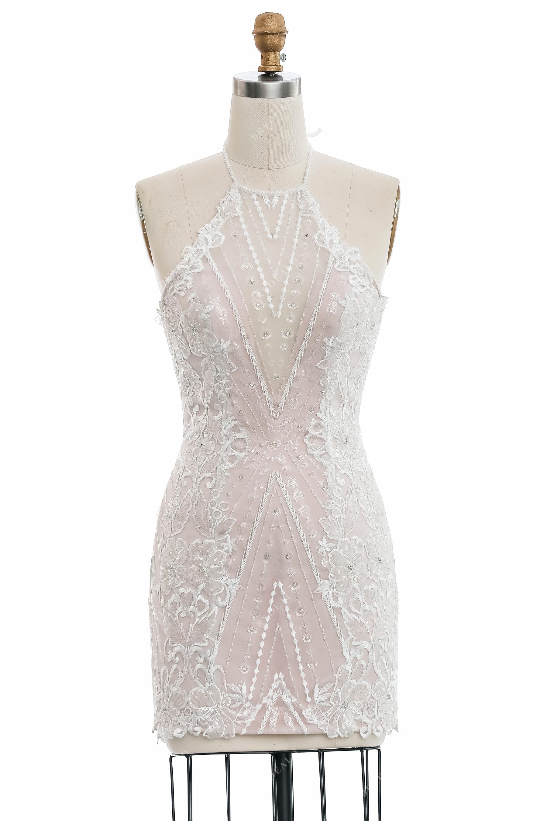 short bodycon halter neck lace bridal dress