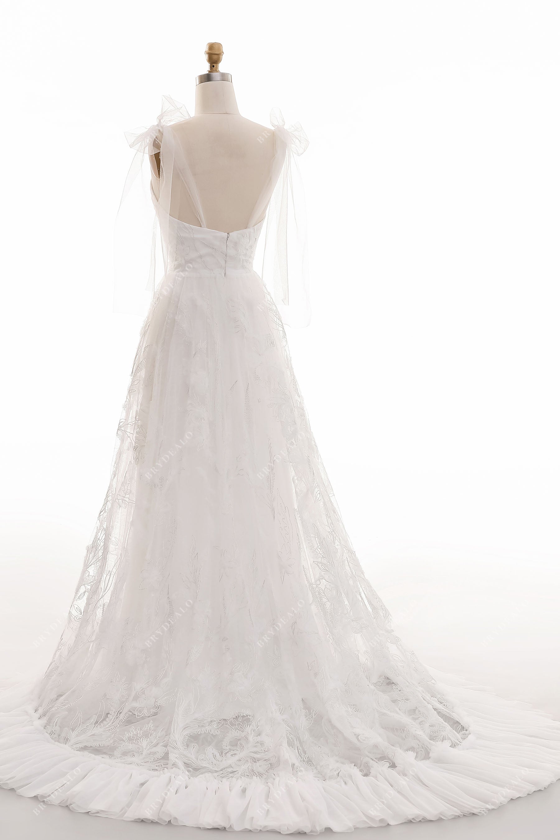 Shoulder Bow Sashes Spaghetti Straps A-line Lace Wedding Dress