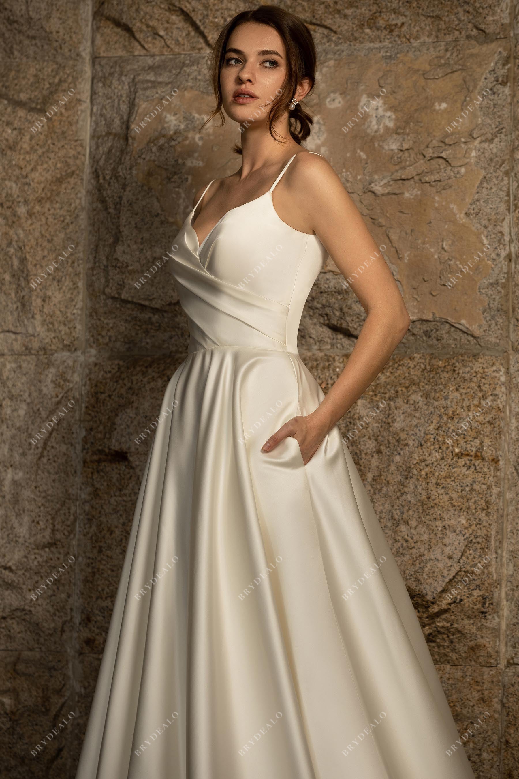 Simple Satin Spaghetti Strap Pockets Wedding Ball Gown